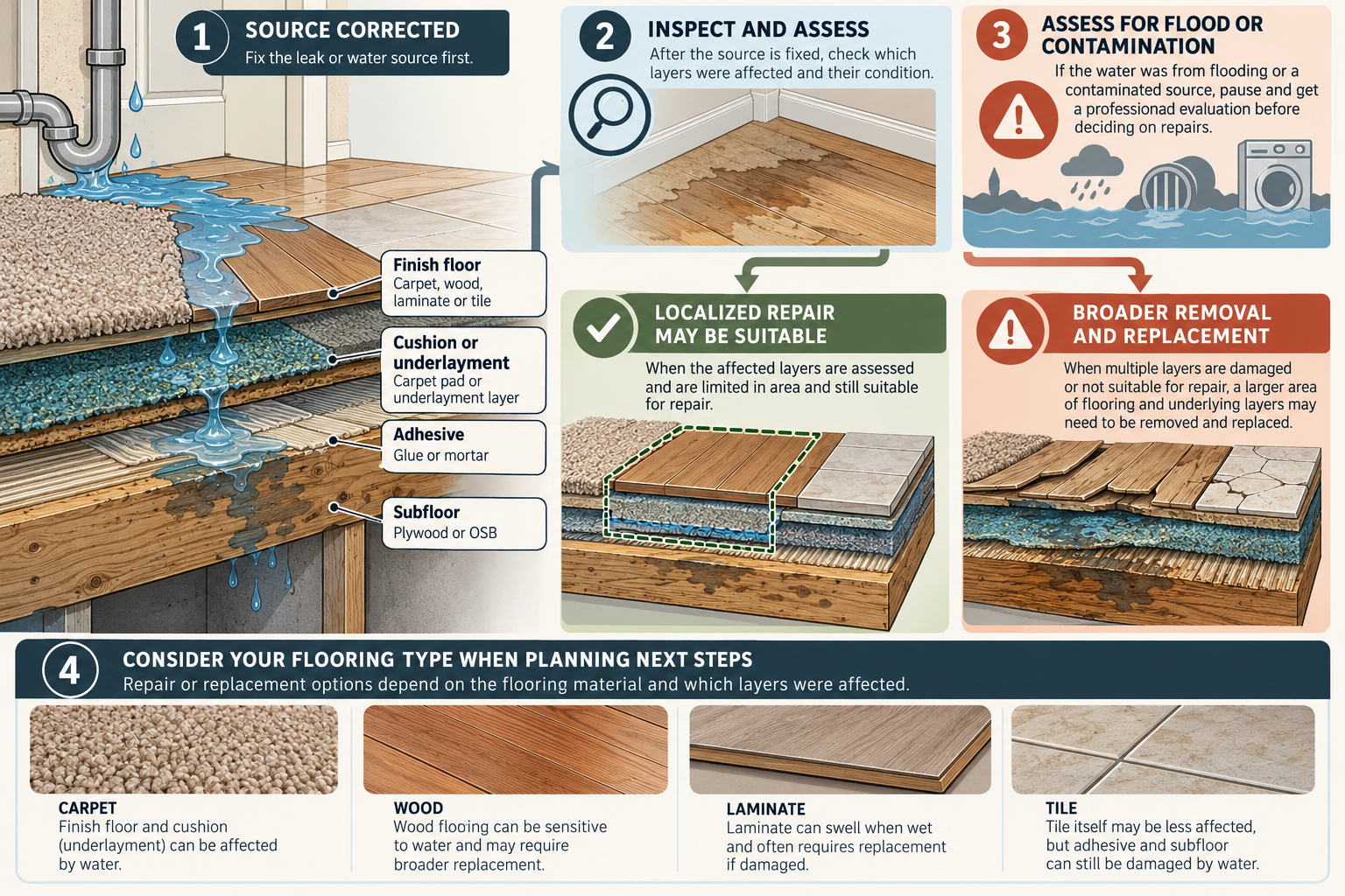 Floor assembly cutaway showing water-affected layers and the assessment path toward localized repair or broader replacement
