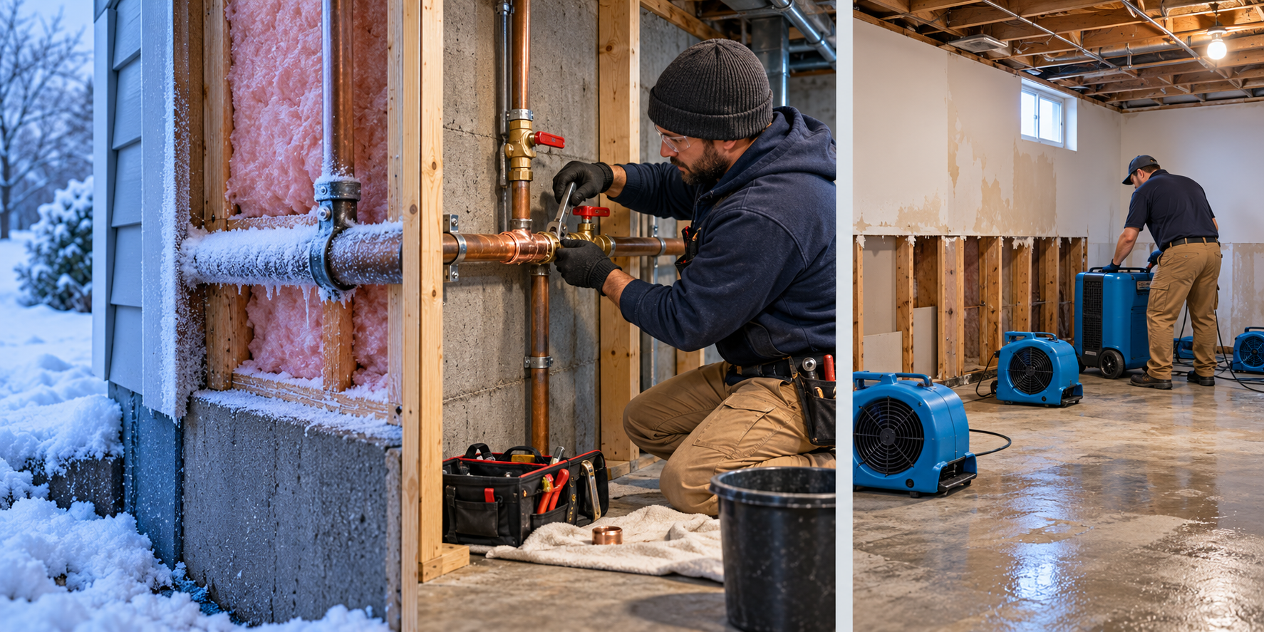 A frozen pipe, a plumber repairing a burst section, and separate equipment drying a damaged room.