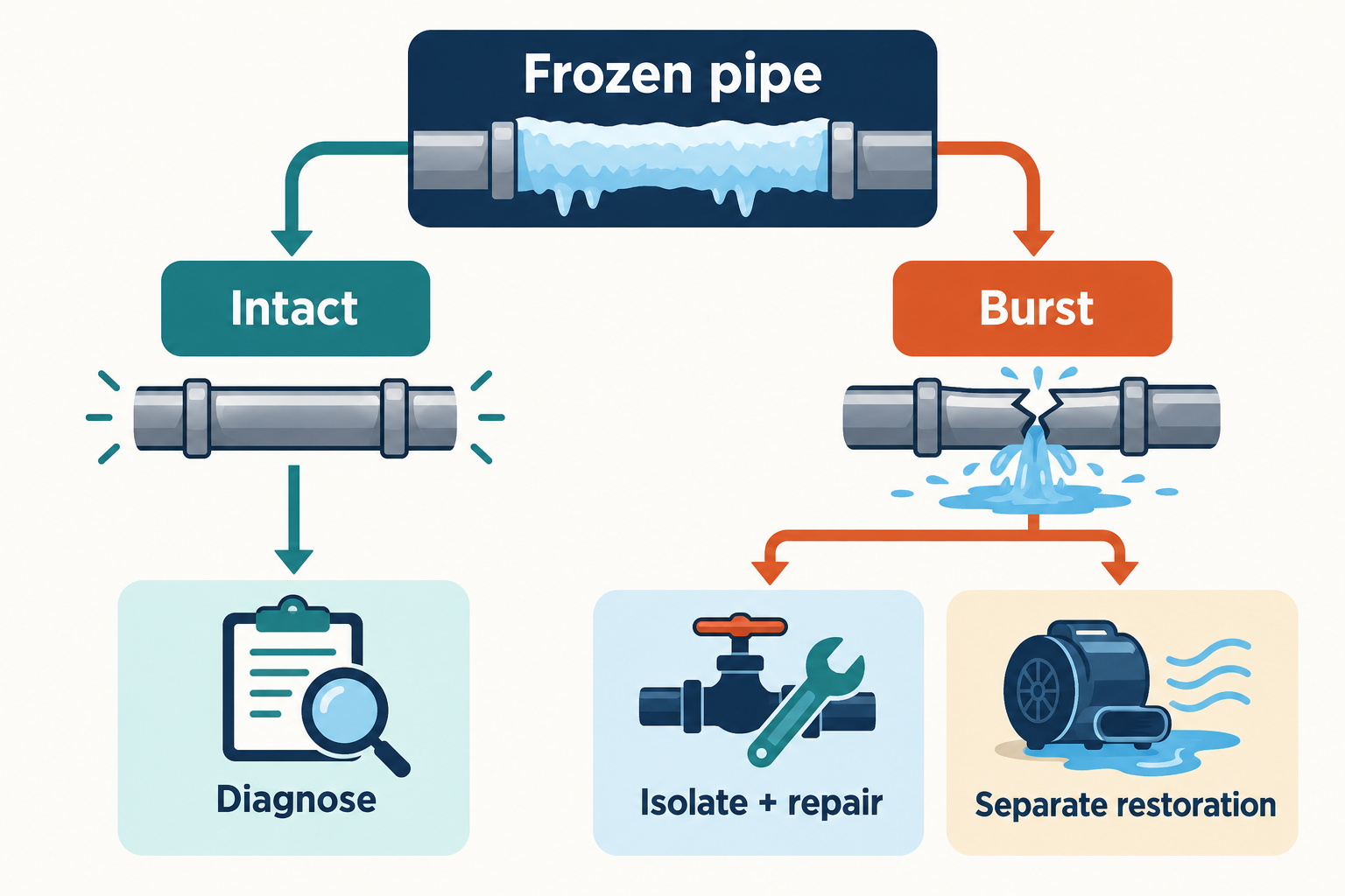 A frozen pipe branches into an intact-pipe diagnosis or a burst-pipe response with repair and separate restoration.