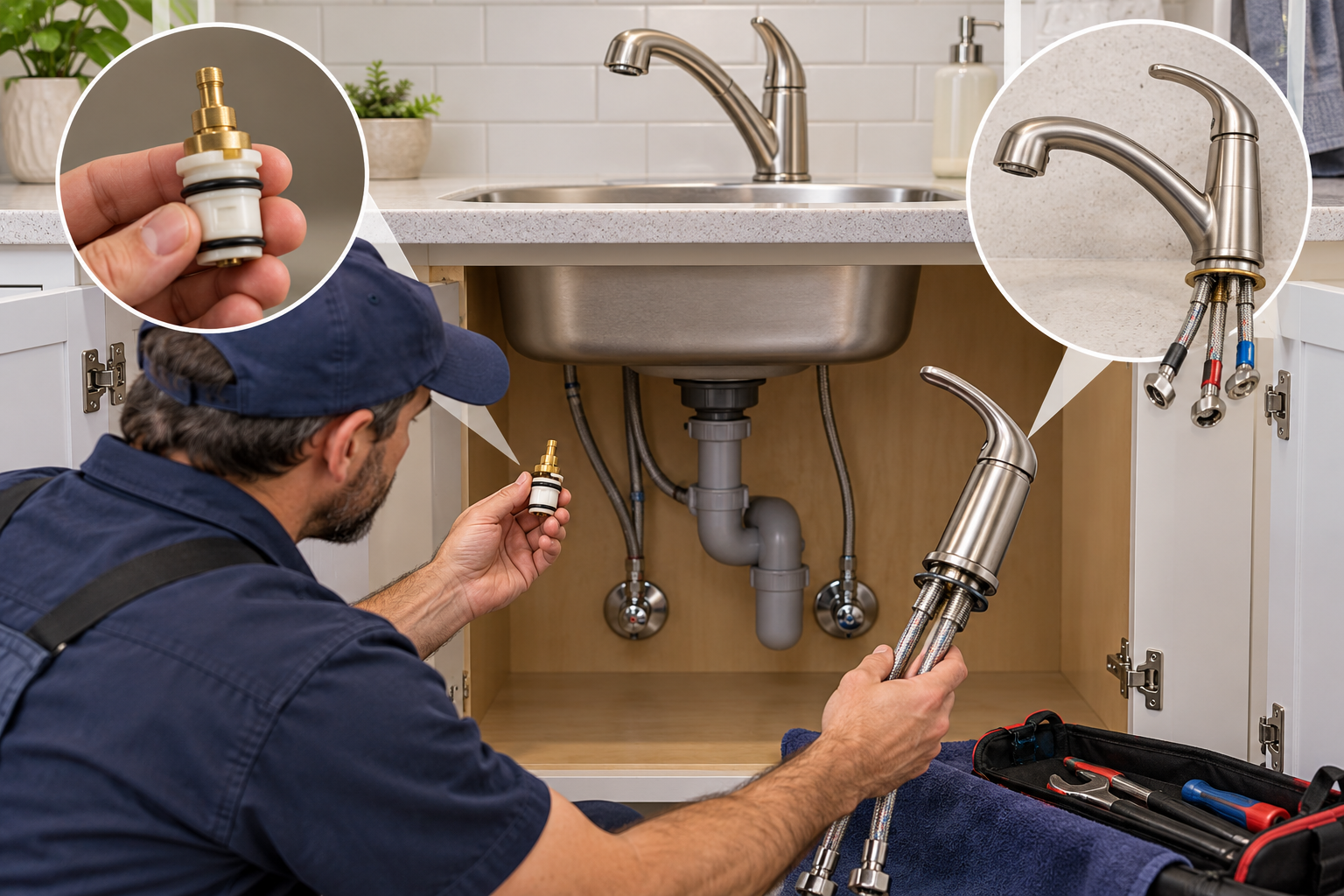 A plumber compares a faucet cartridge repair with a complete replacement fixture while checking the connections below the sink.