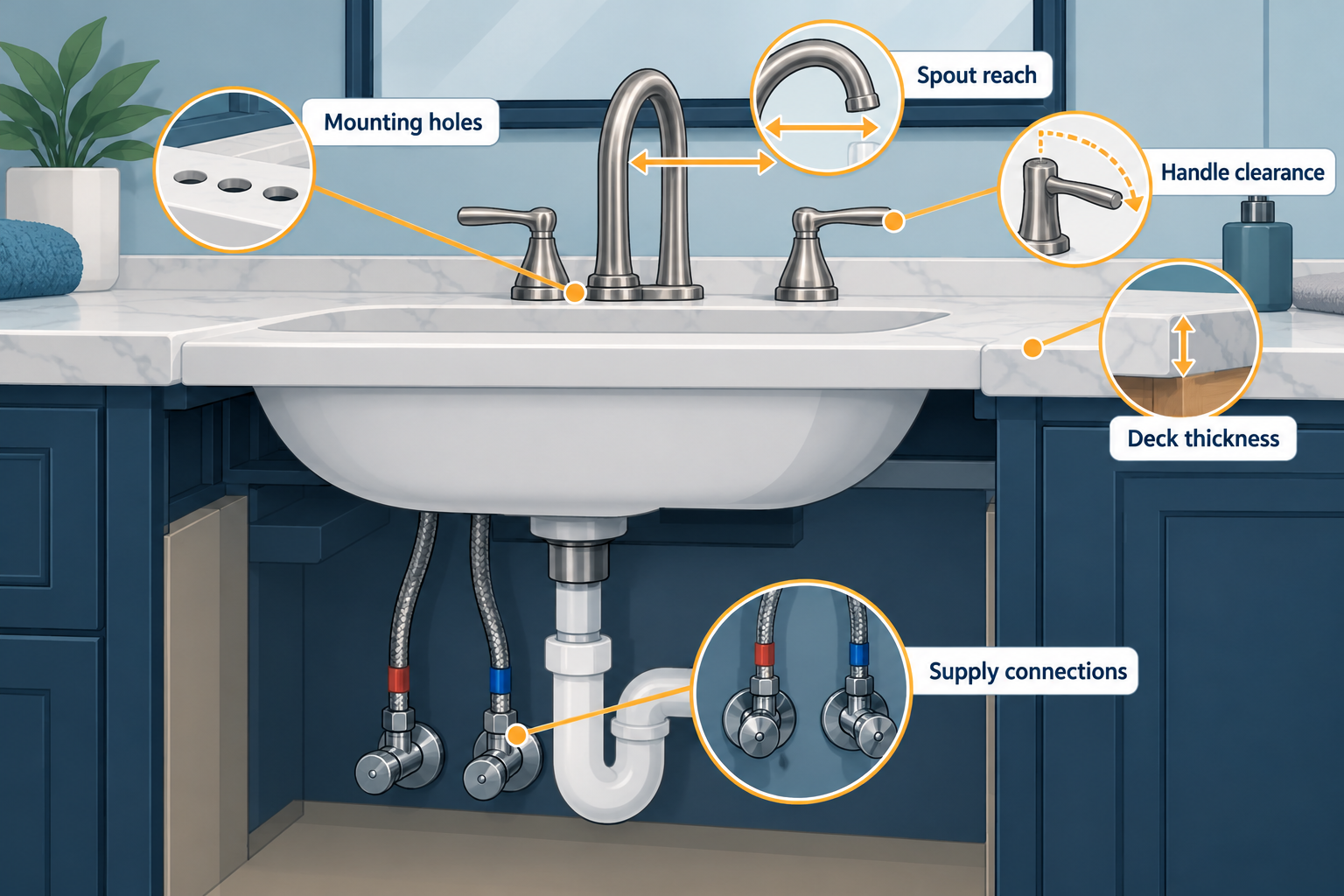 Check mounting holes, deck thickness, spout reach, handle clearance, and supply connections before choosing a replacement faucet.
