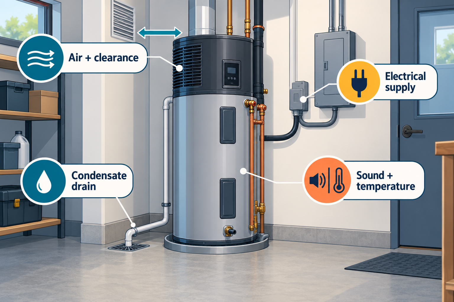 A heat-pump water-heater location needs suitable air and clearance, condensate drainage, electrical supply, and acceptable sound and temperature conditions.