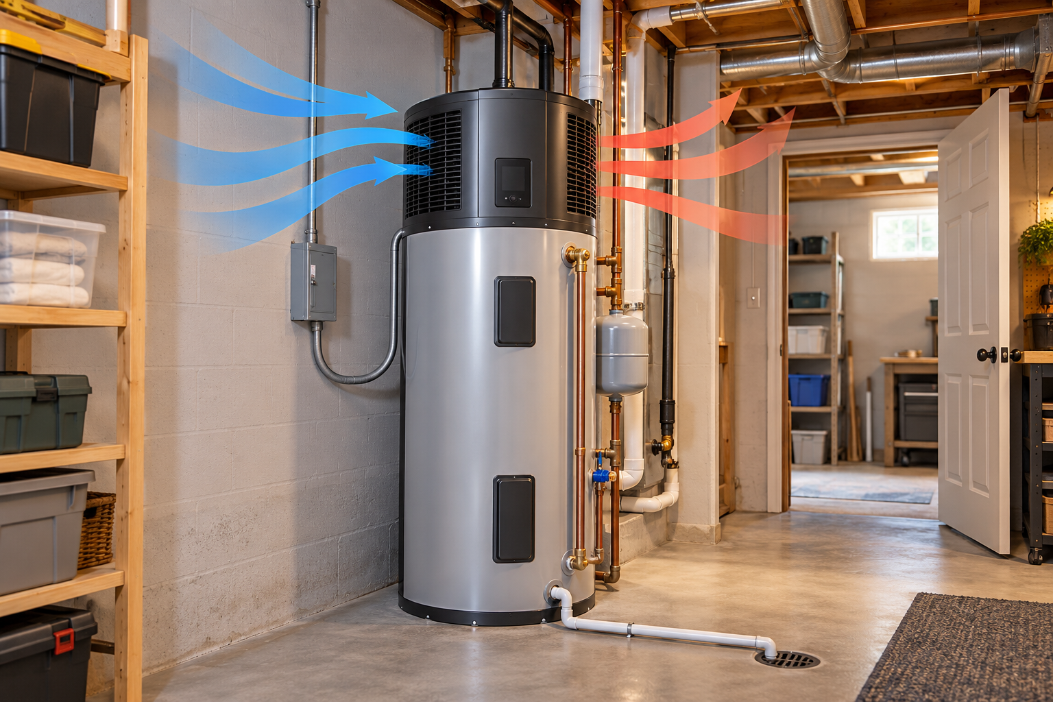 A heat-pump water heater draws air from its utility room and connects to power, water lines, and a condensate drain.