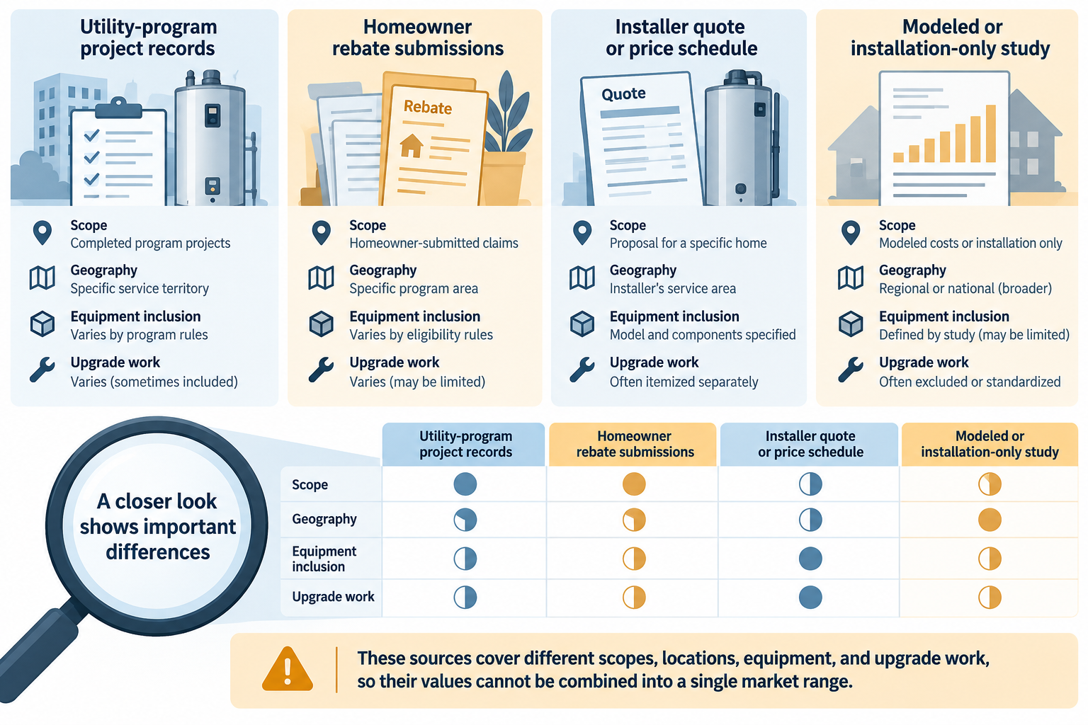 Program project records, customer rebate submissions, one installer schedule, and modeled estimates represent different kinds of heat-pump water-heater cost evidence.