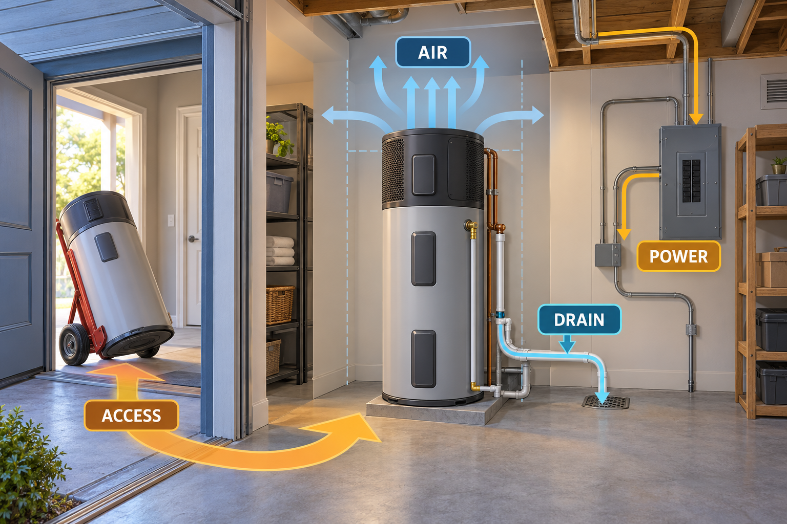 A heat-pump water-heater project shows separate air, power, drain, and delivery-access paths that can affect the installation scope.