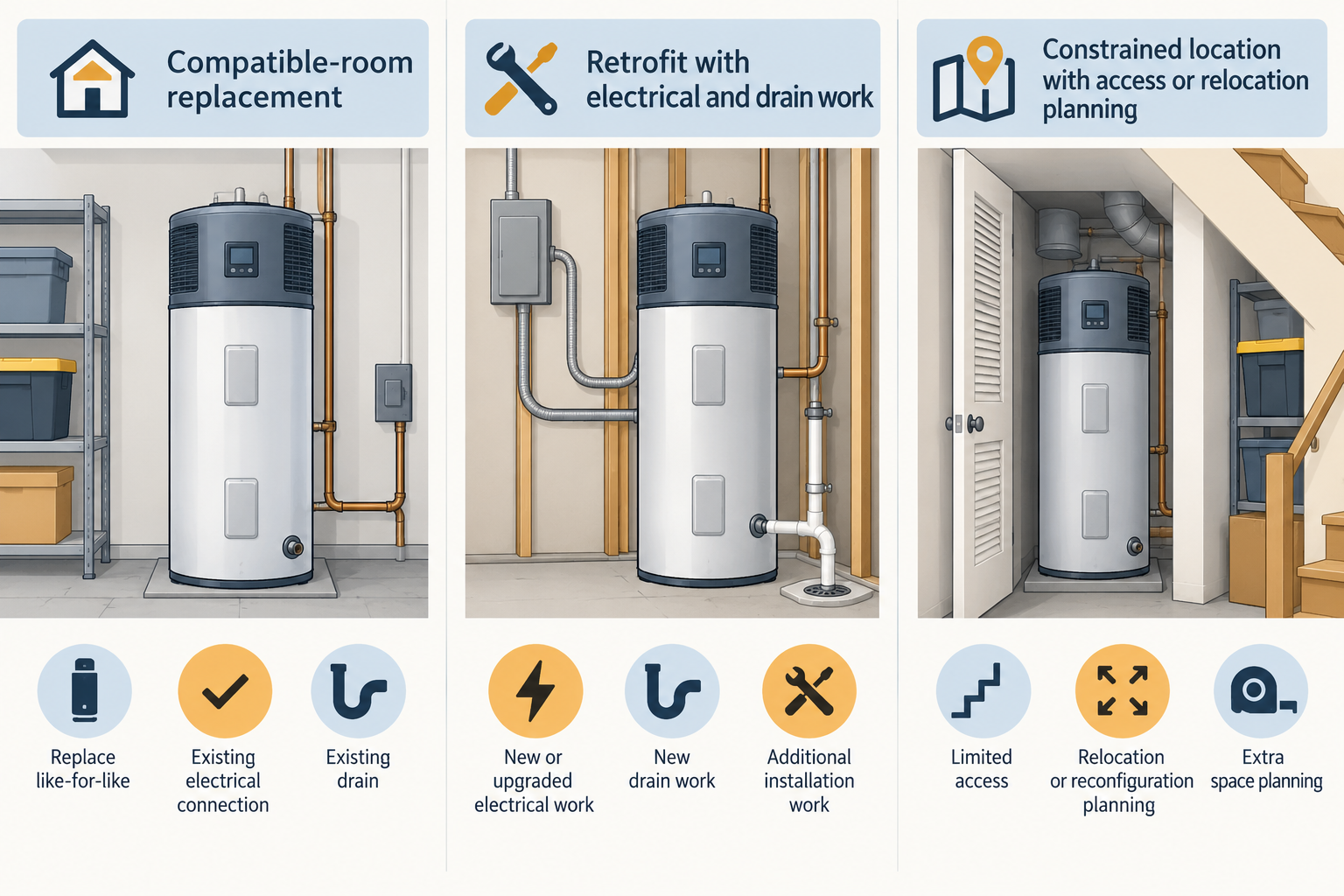 Compatible-room replacement, a retrofit with new electrical and drain work, and a constrained location require different installation scopes.