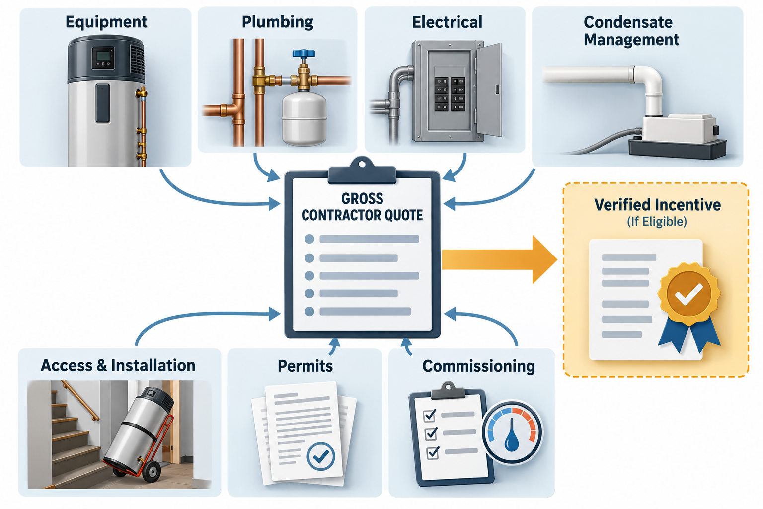 A project worksheet separates the gross contractor quote into equipment, connections, access, permits, commissioning, and any verified incentive.