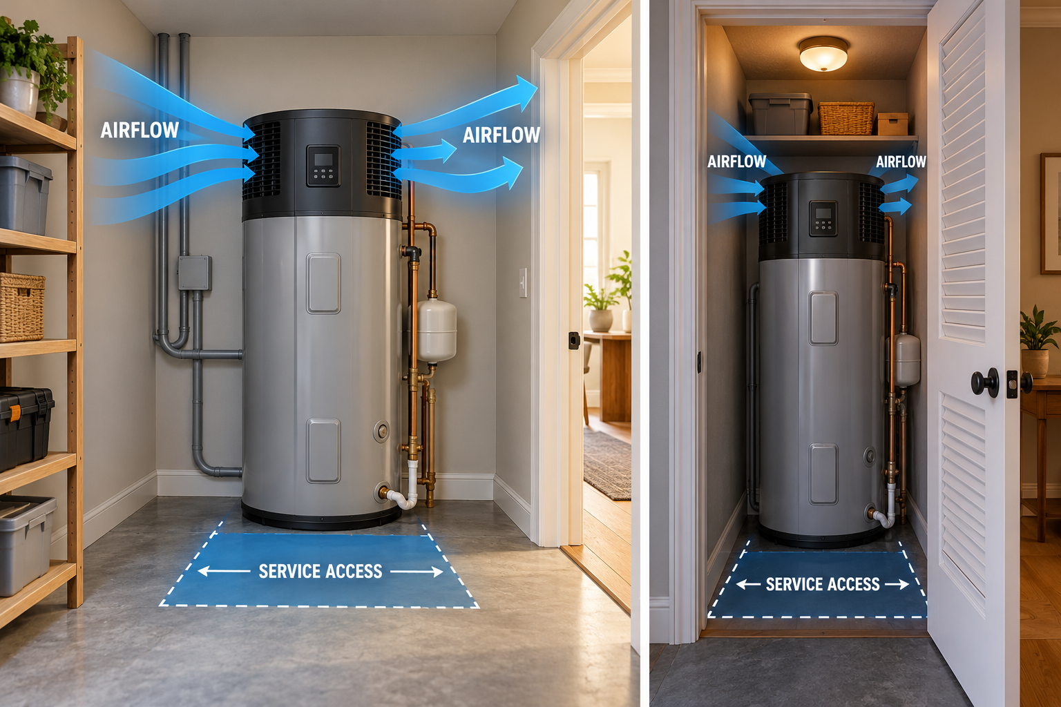 A heat-pump water heater and a tight closet show contrasting airflow and service-access conditions that affect site assessment.