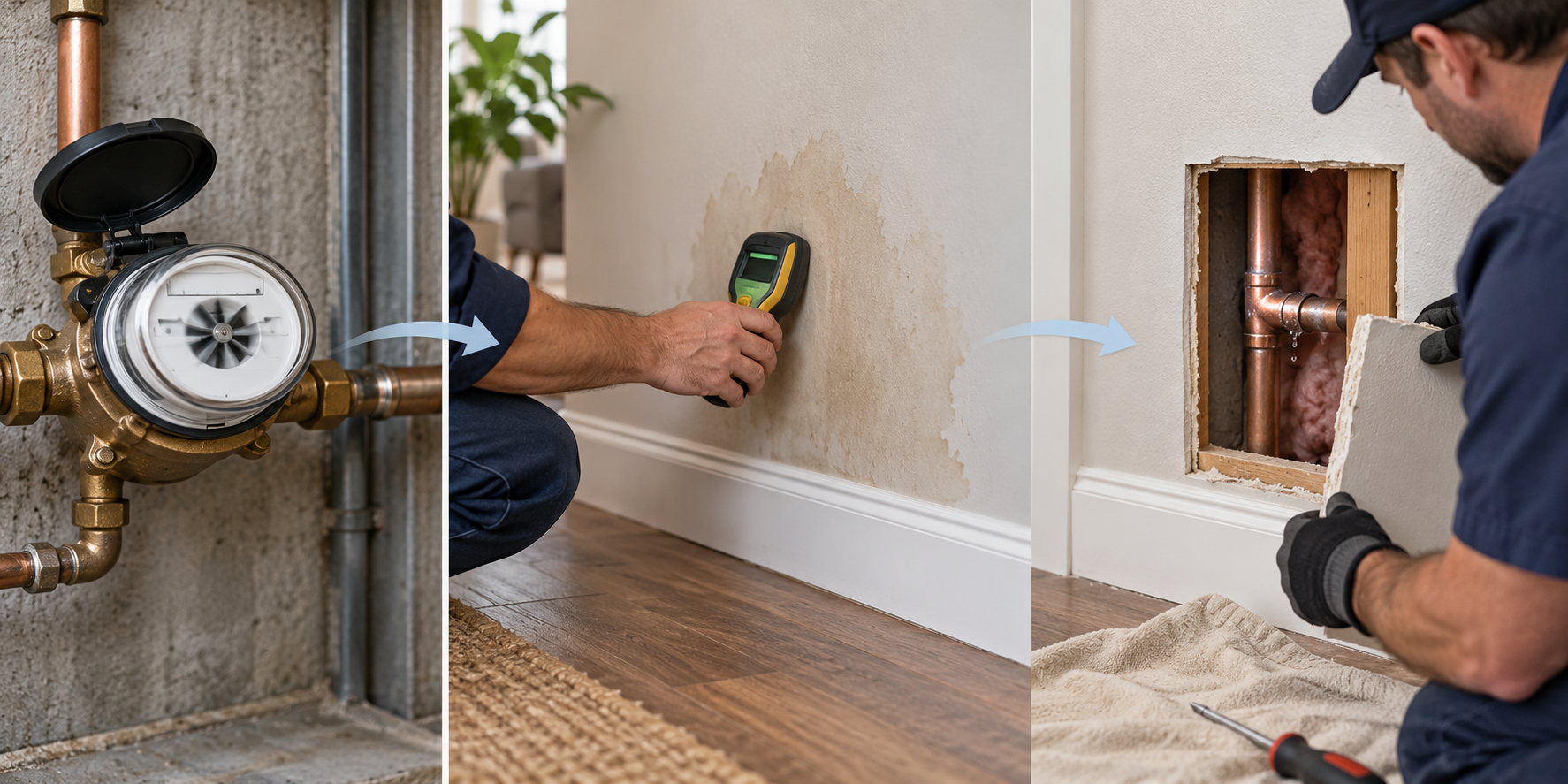 A water meter indicates flow, a moisture meter identifies a damp area, and a small controlled opening reveals a leaking pipe.