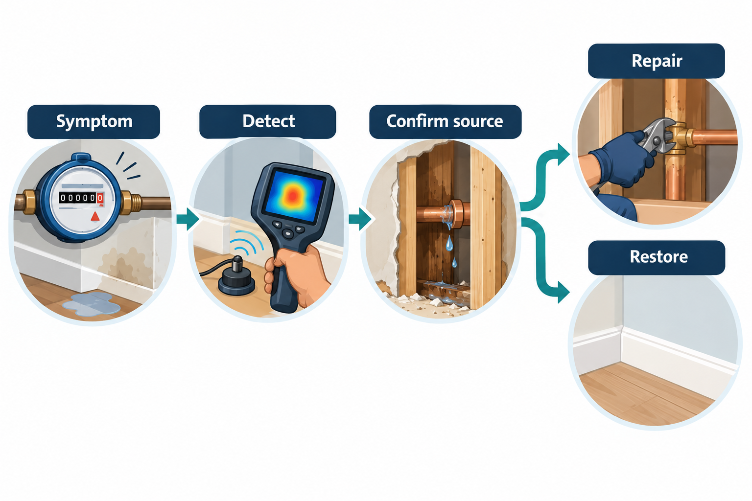 A concealed leak moves from a symptom through detection and source confirmation, then to separate repair and restoration work.