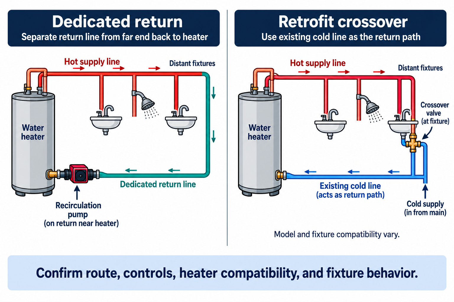 A dedicated return uses a separate line; a compatible retrofit crossover may use the existing cold line as a return path. Confirm the actual route and fixture behavior.