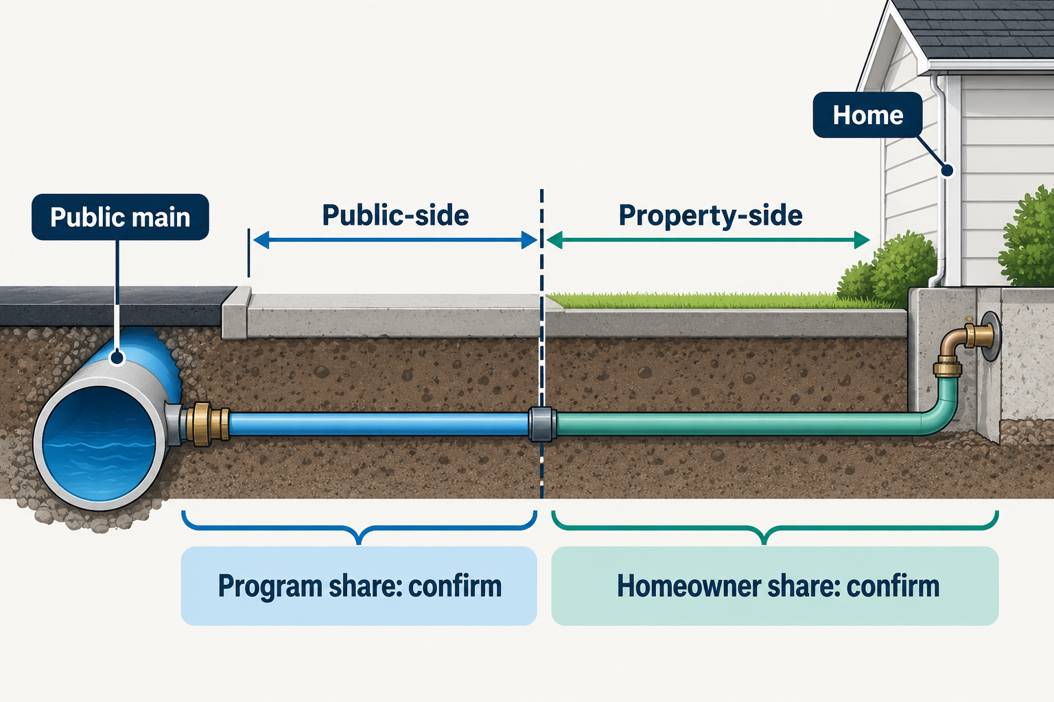 The service line is divided into public-side and property-side segments, with program and homeowner shares to confirm locally.