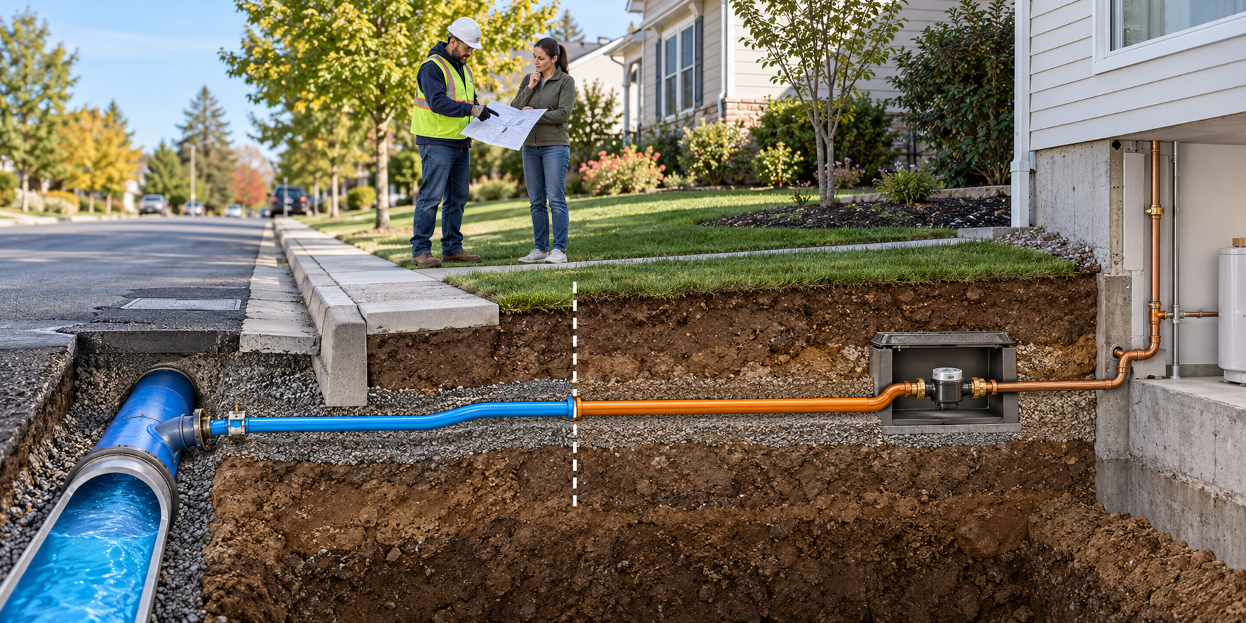 A service line runs from the public water main to a home, with a marked boundary separating two segments whose responsibility must be confirmed locally.