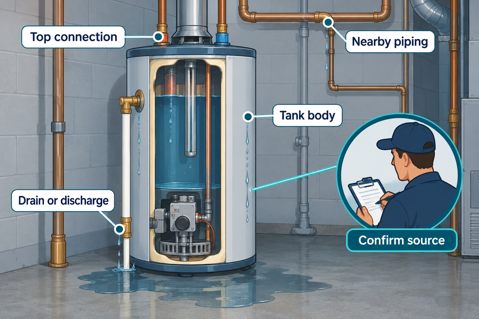 Water near a heater may come from a top connection, drain or discharge, the tank body, or nearby piping; confirm the source before choosing work.