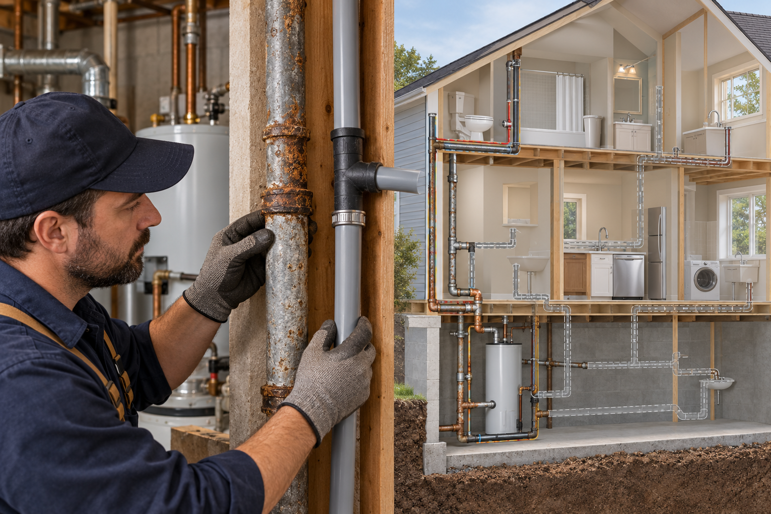 A plumber examines a visible legacy pipe section while other home pipe runs remain unconfirmed behind finishes.