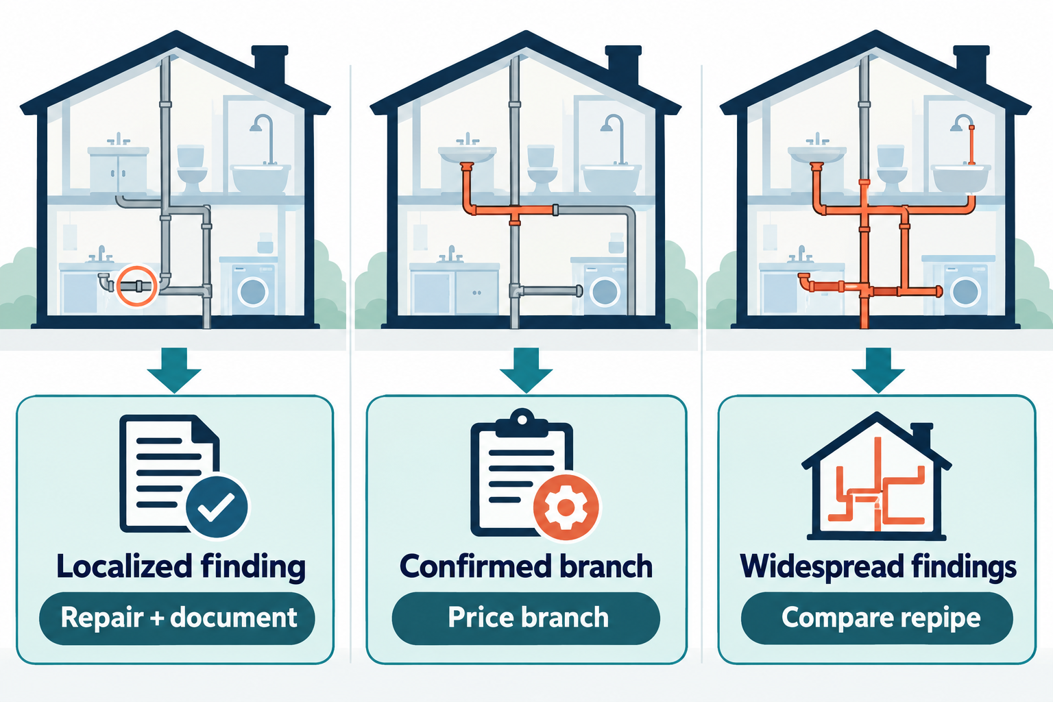 Localized evidence supports repair and documentation, a confirmed branch can be priced separately, and widespread findings can justify comparing a repipe.