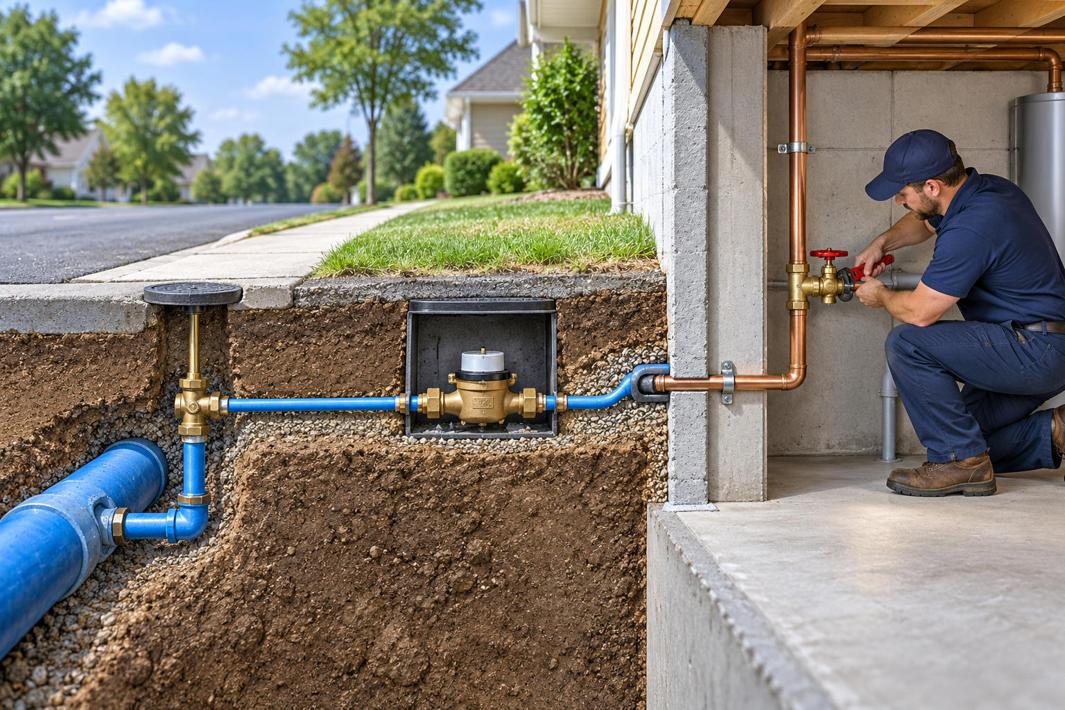 The service line passes through a street-side meter before reaching an accessible house-side main shutoff.