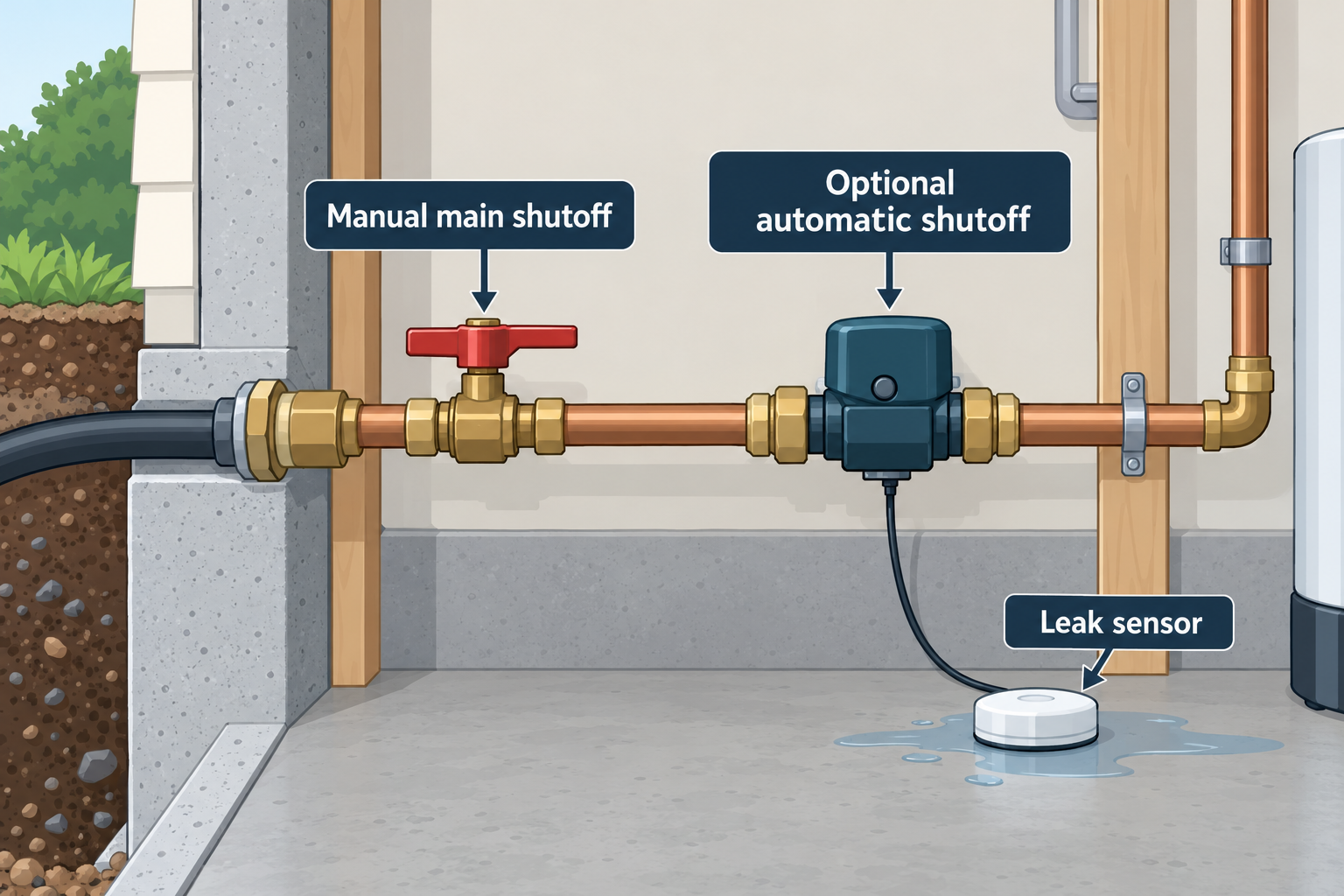 A manual main shutoff remains the primary isolation control, while an optional automatic shutoff and leak sensor provide separate functions.