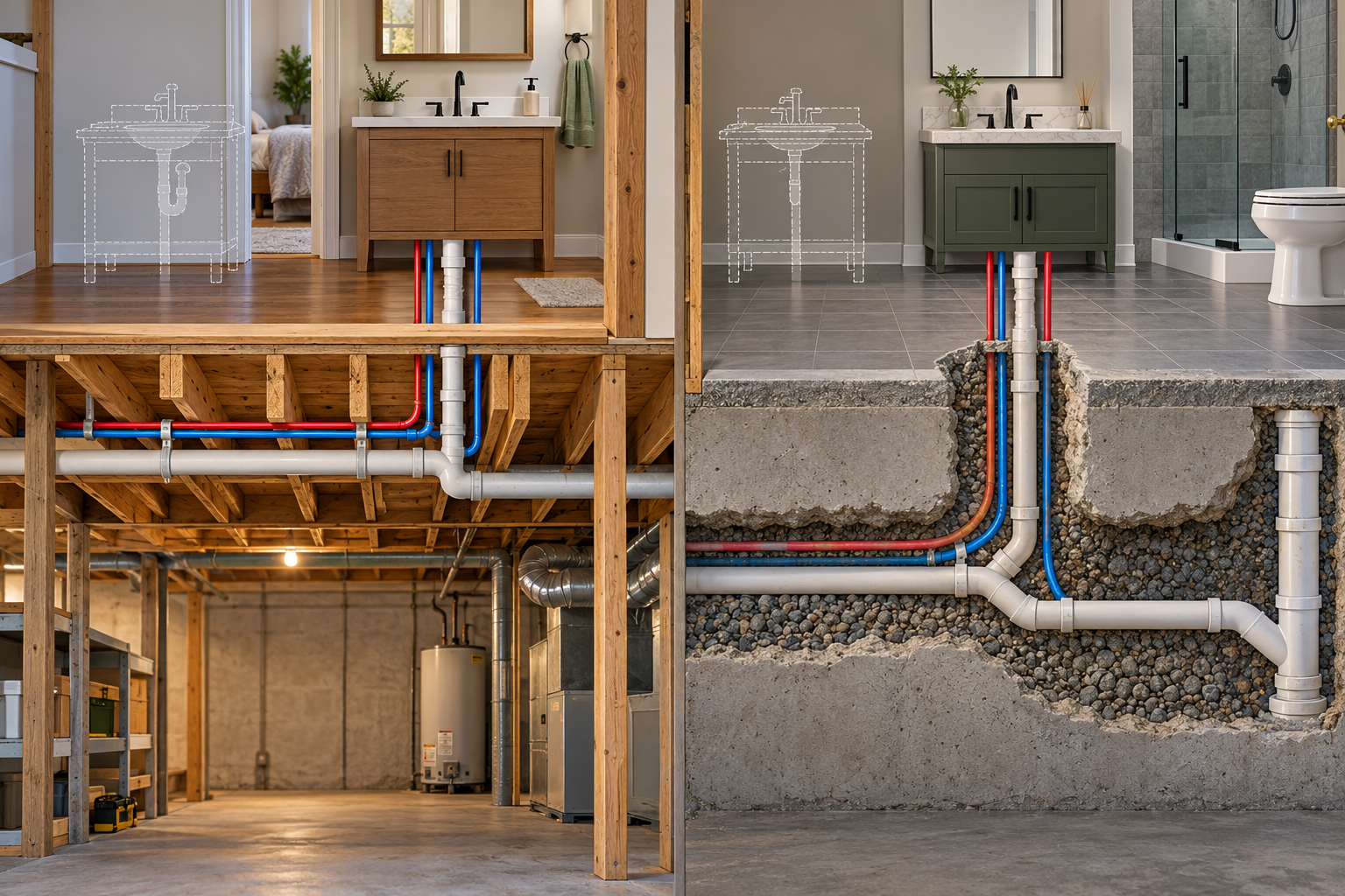 A fixture move follows an open framed-floor route in one home and a more disruptive route through a concrete slab in another.