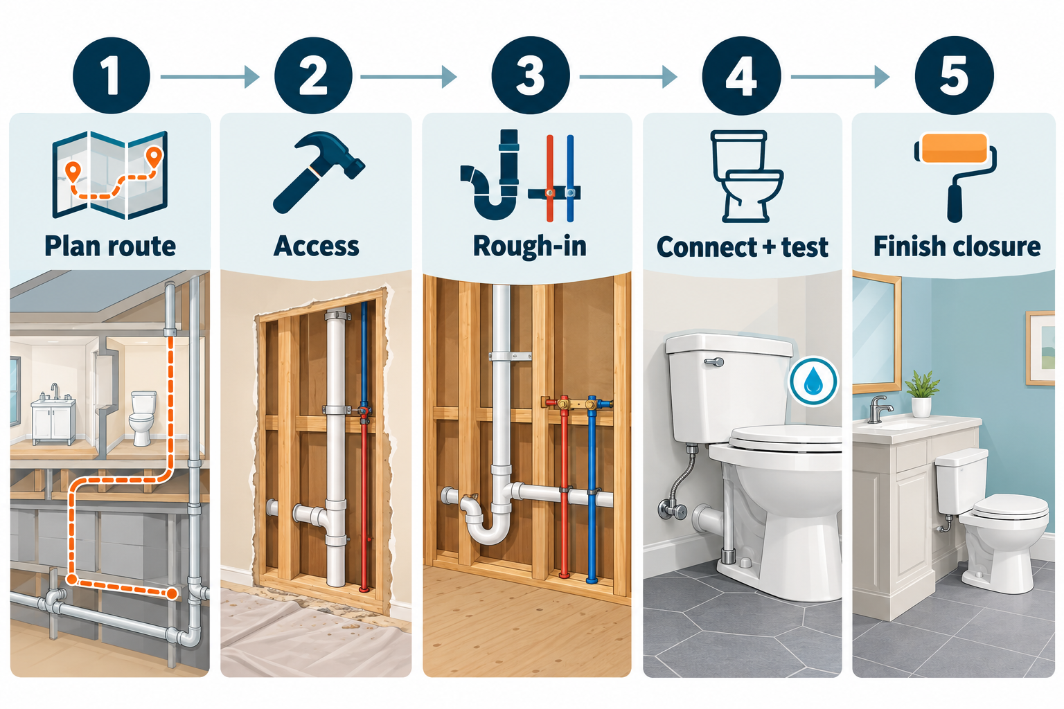 A fixture relocation moves from route planning through access and rough-in to connection, testing, and finish closure.