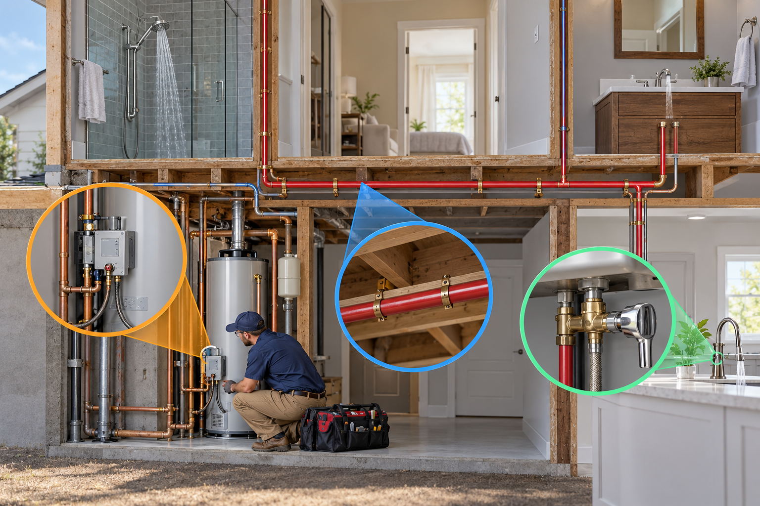 A technician inspects the heater, hot-water route, and a single fixture as separate possible sources of a delivery complaint.