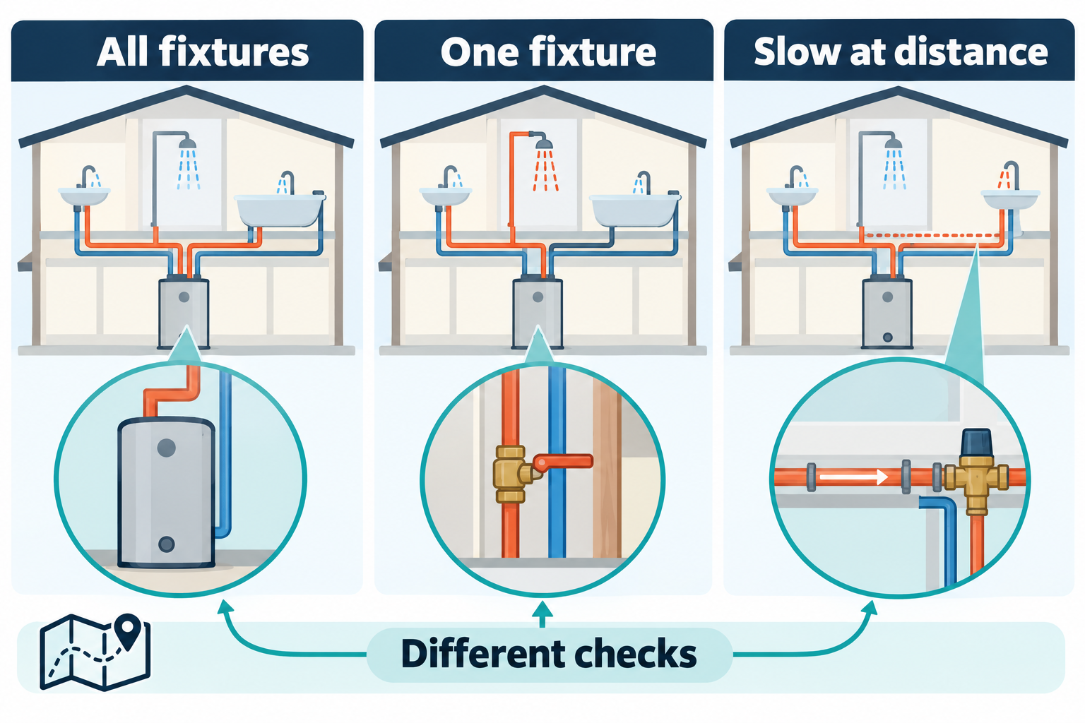 Hot-water loss at all fixtures, one fixture, or only at a distant fixture can call for different checks.