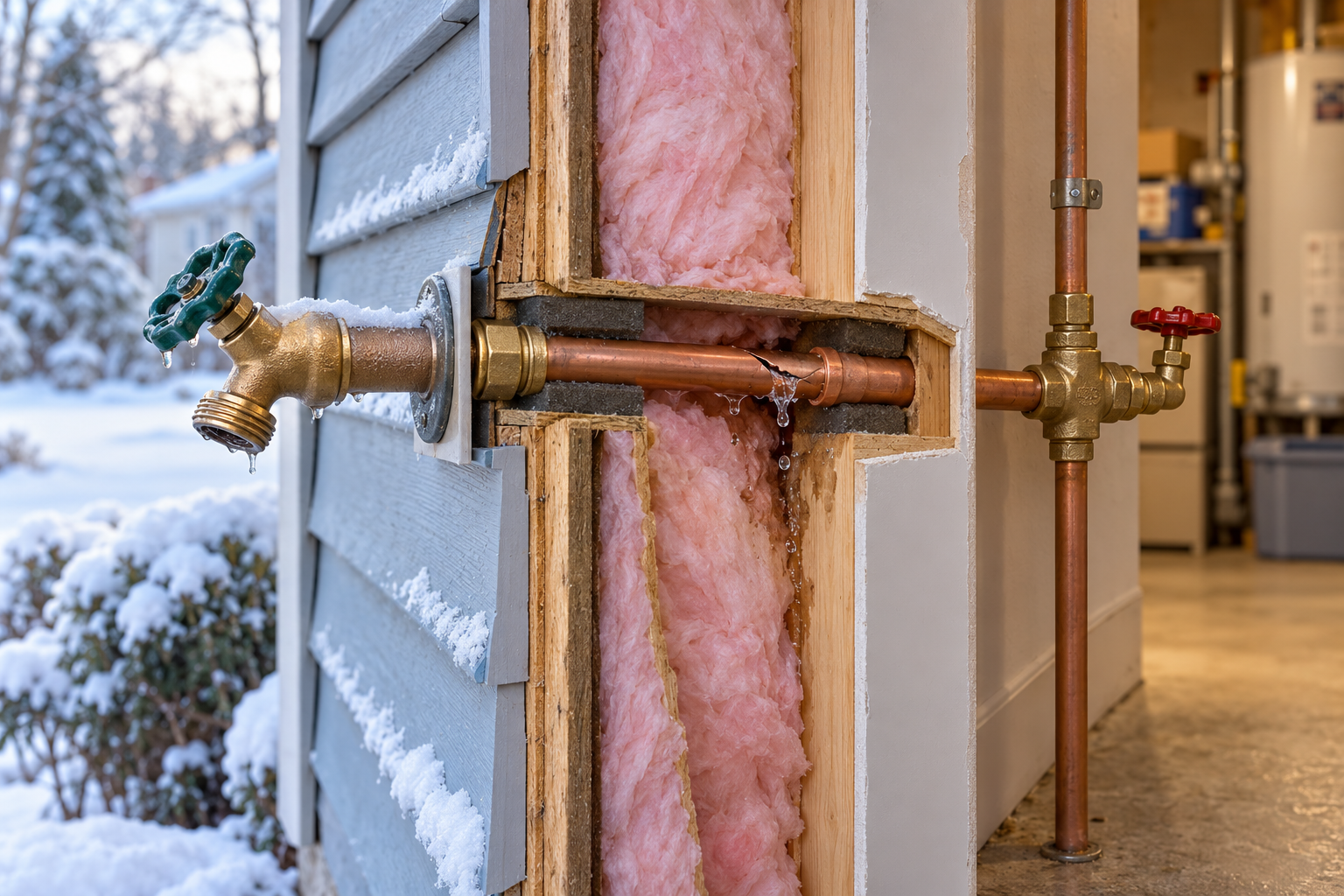 A winter-damaged outdoor faucet connects through an insulated wall to a leaking pipe and interior shutoff.