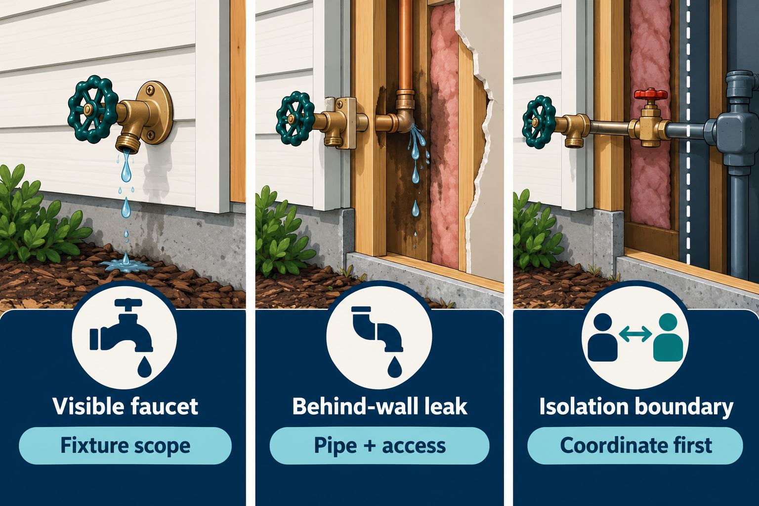 A visible faucet leak, a behind-wall pipe leak, and an isolation-boundary question lead to different work scopes.