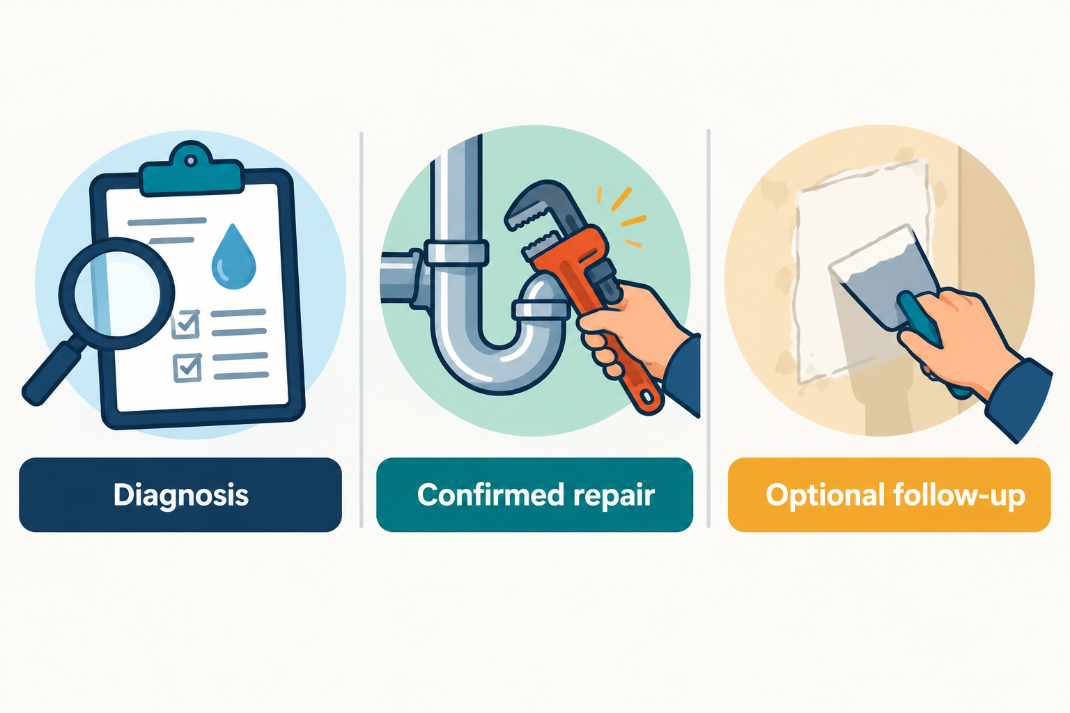 Three distinct plumbing quote scopes: diagnosis, confirmed repair, and optional follow-up work.