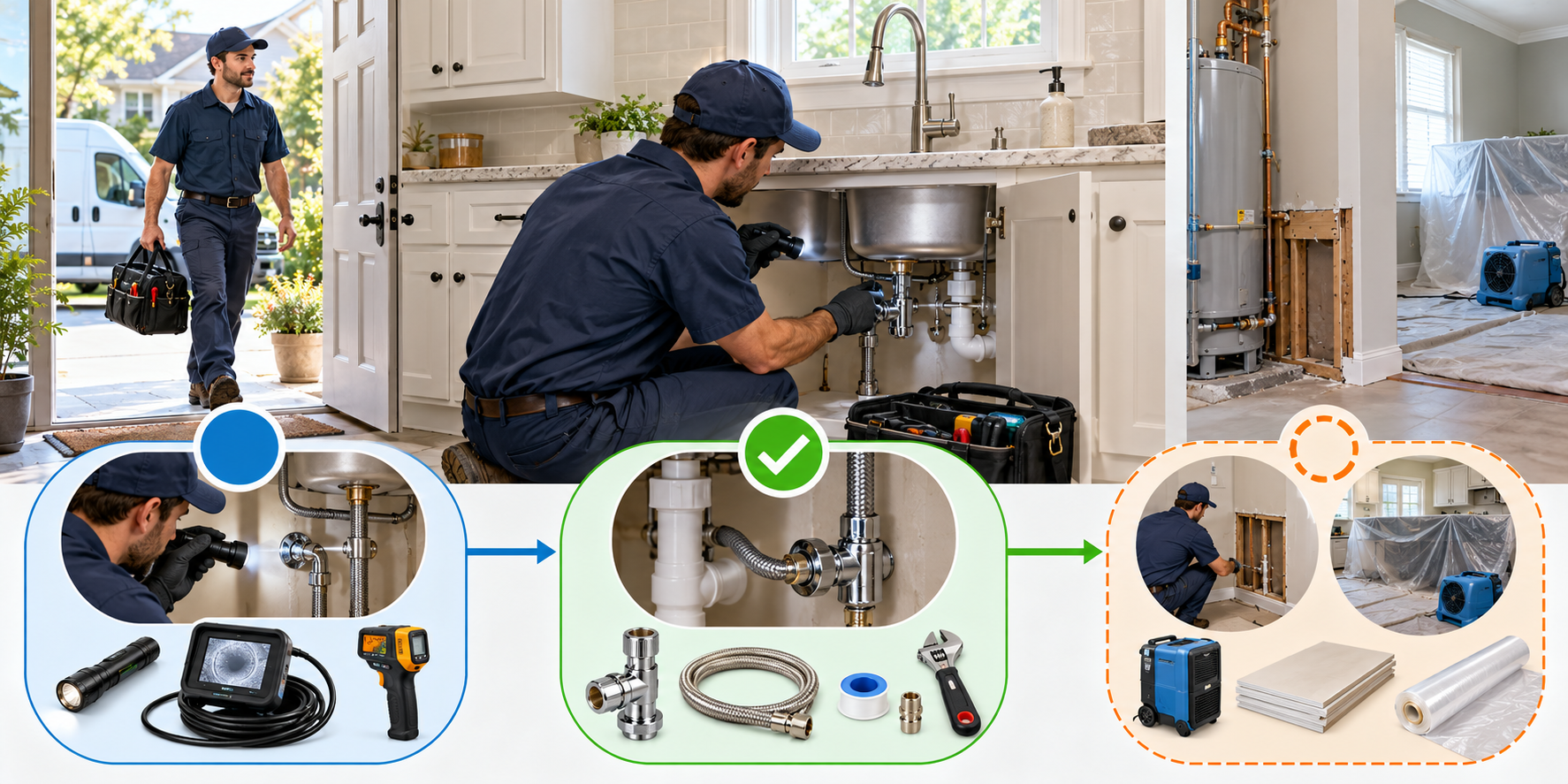 A plumber diagnoses an accessible sink issue, completes a defined repair, and separates possible follow-up work.
