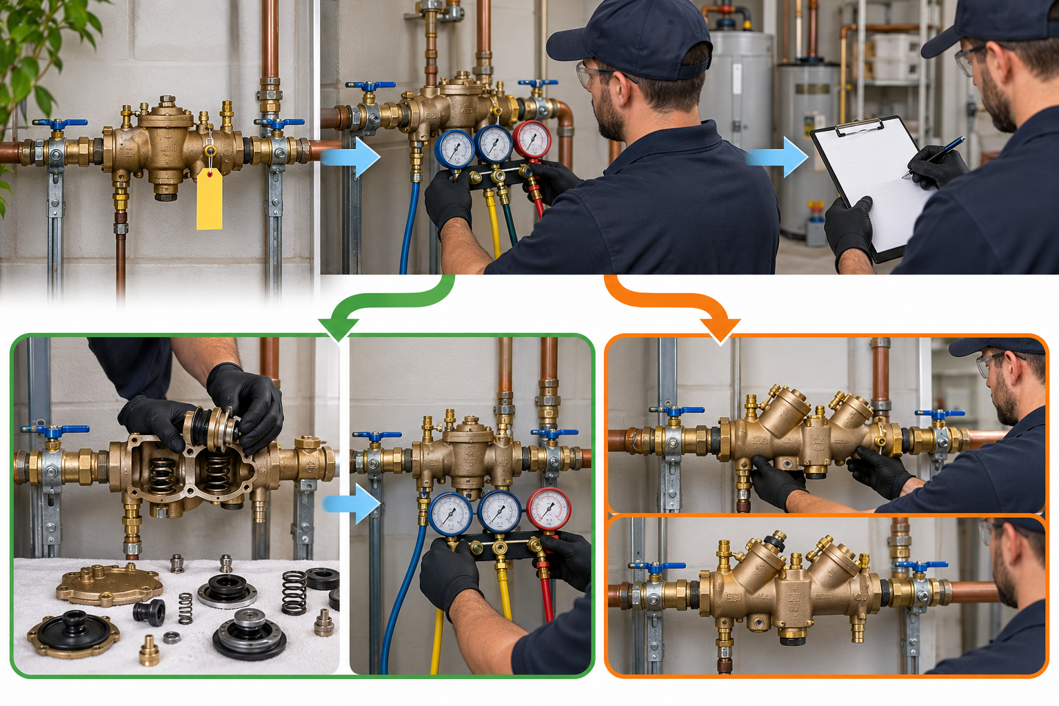 A professional tests a backflow assembly and records the result, which can lead to repair and retest or to replacement and commissioning.