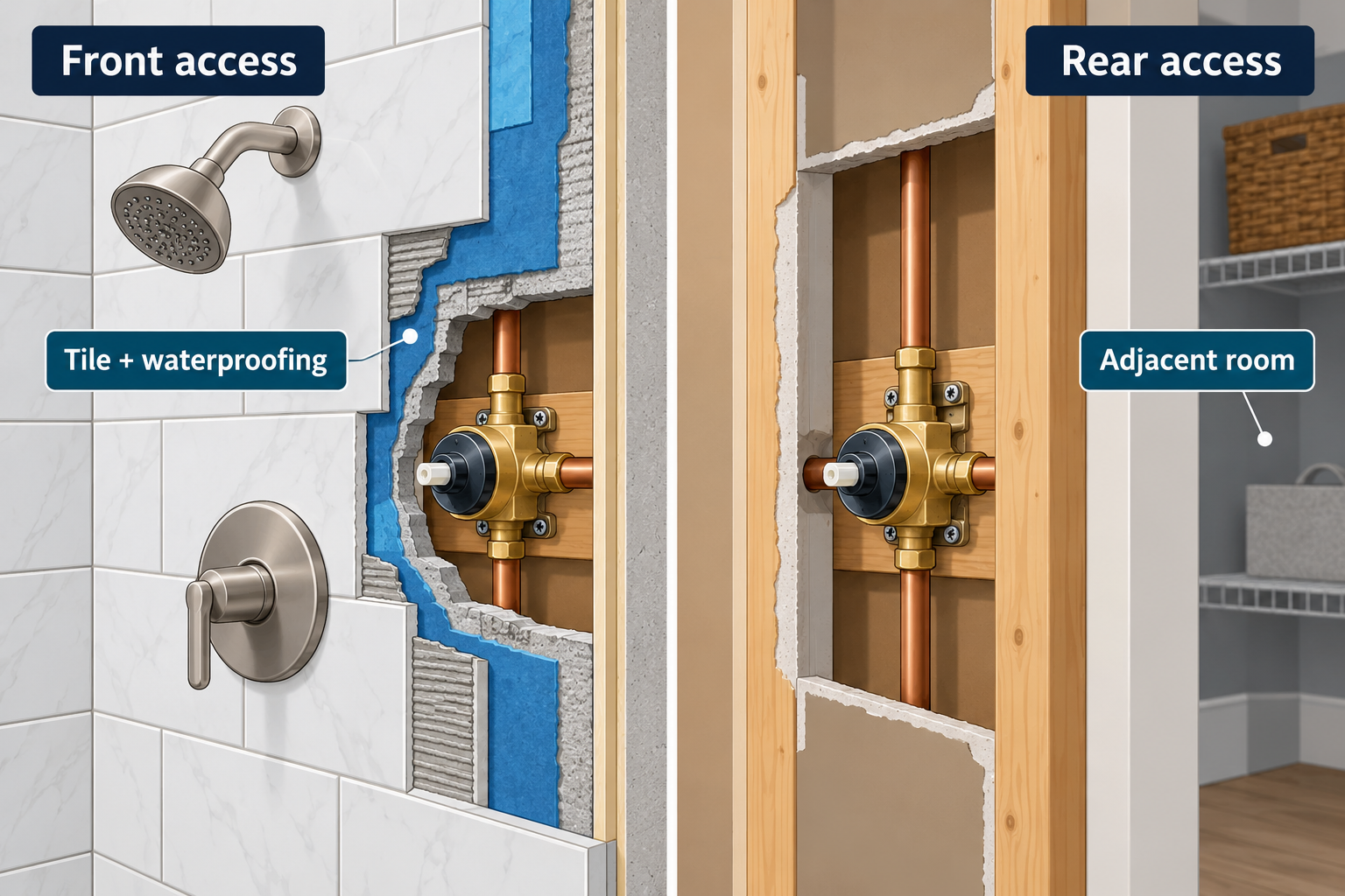 Front access can affect tile and waterproofing, while rear access affects an adjacent room.