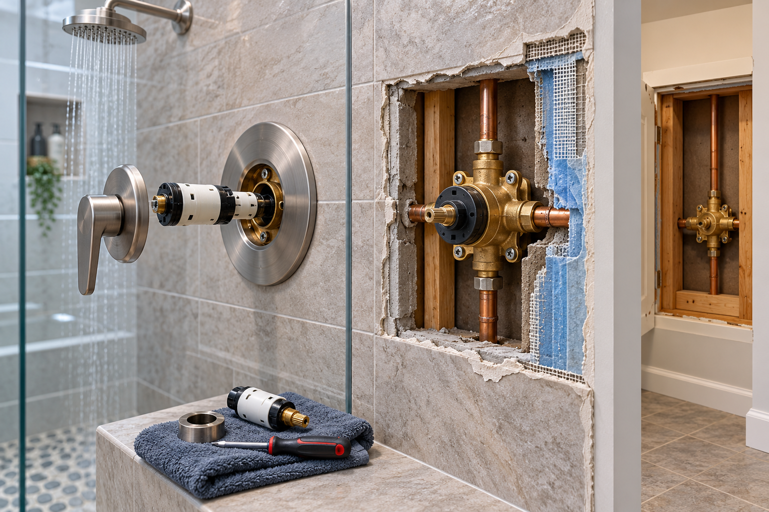 A serviceable shower cartridge is shown beside a concealed valve body that requires a wall opening and finish restoration.