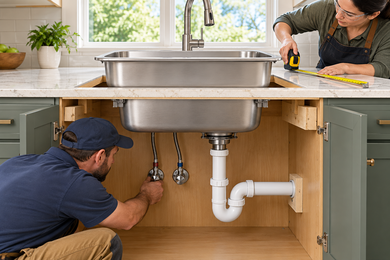 A fabricator measures the sink opening while a plumber checks the supply shutoffs and drain connections below.