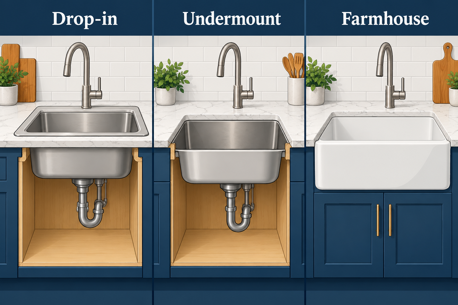 Drop-in, undermount, and farmhouse sinks meet the countertop and cabinet in different ways.