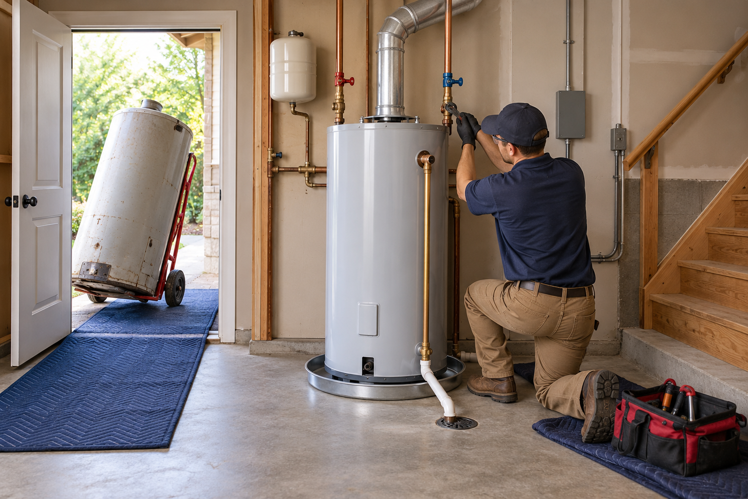 A storage water heater is replaced through a narrow doorway while a plumber checks venting, connections, and the drain pan.