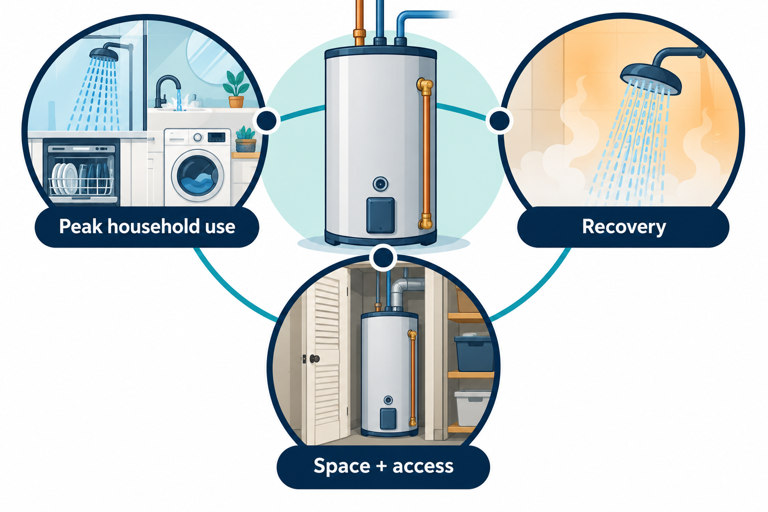 Tank selection depends on peak household use, recovery performance, and the physical space and access available.