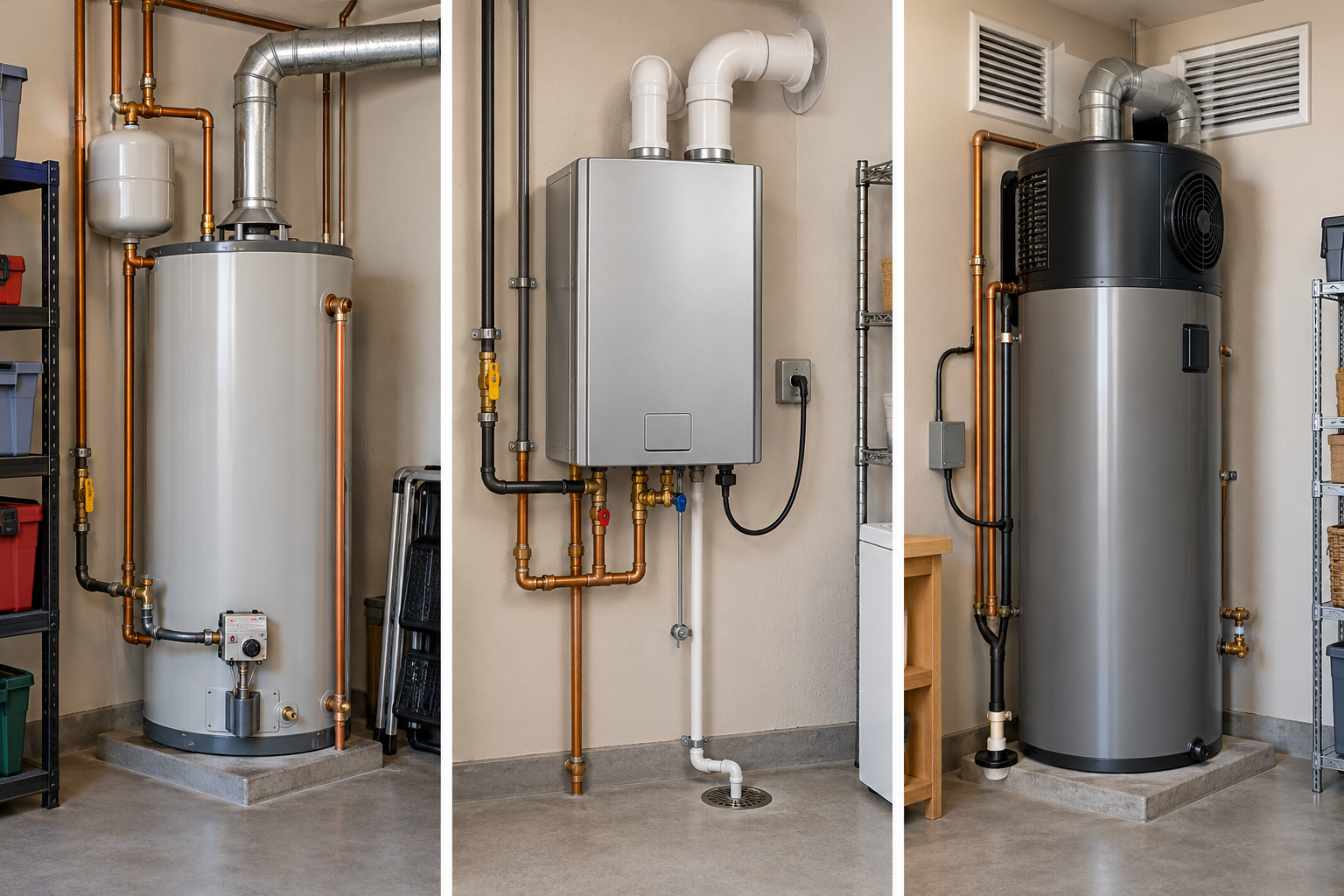Storage, tankless, and heat-pump water heaters have different equipment footprints and installation connections.