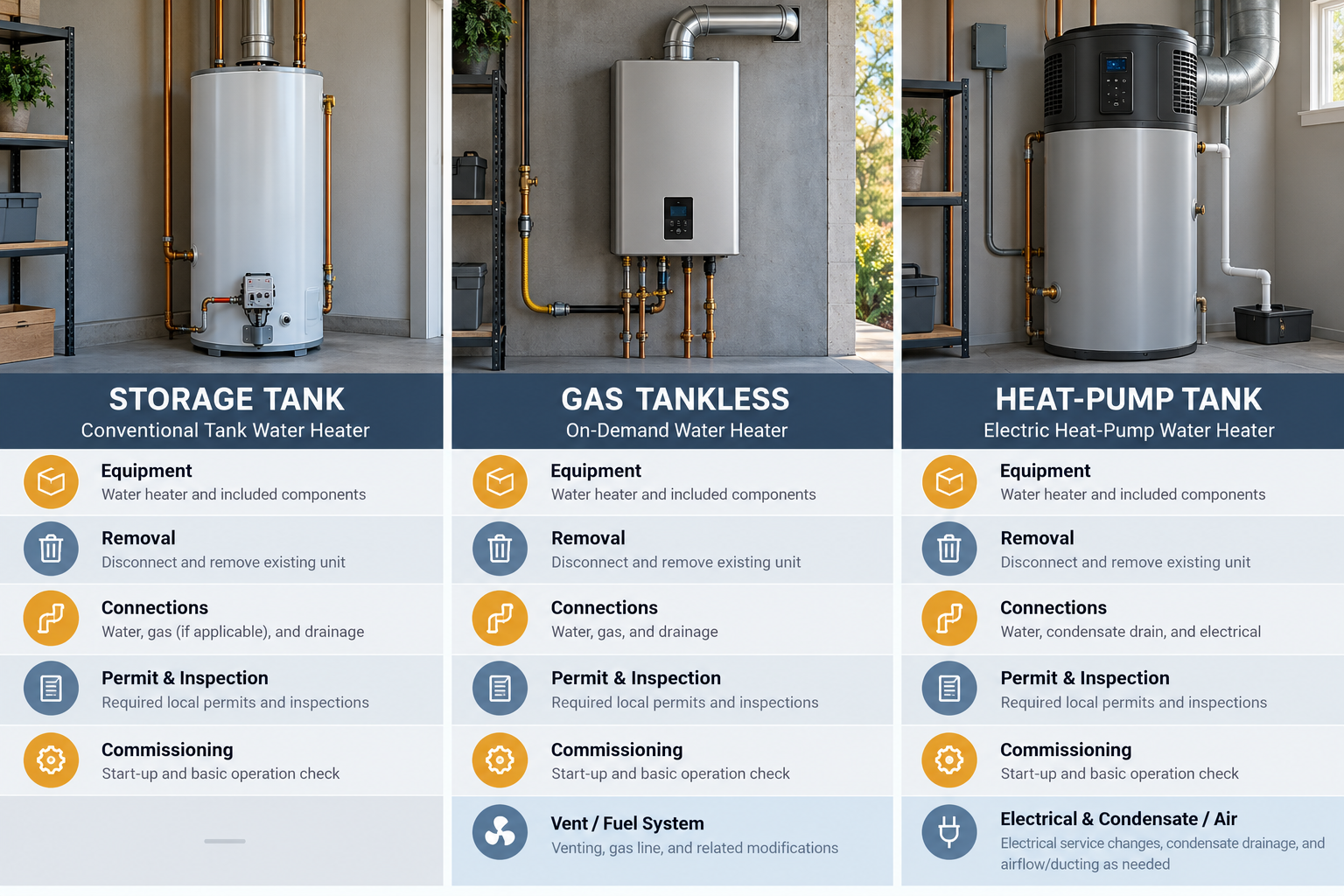 A local quote comparison keeps equipment, connections, removal, permits, commissioning, and technology-specific work visible across three heater types.