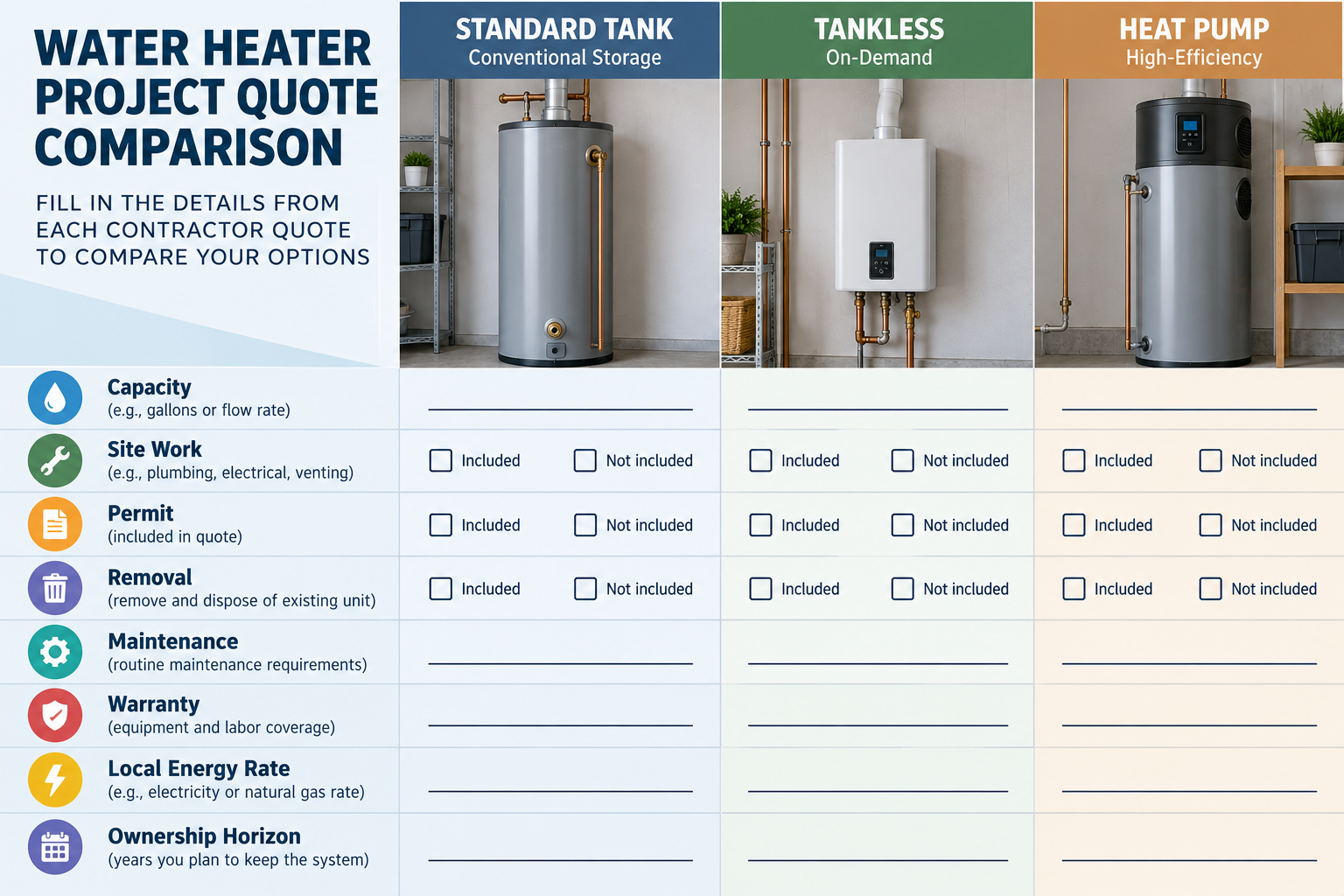 A side-by-side quote worksheet compares capacity, site work, permits, removal, maintenance, warranty, local energy rates, and ownership horizon.