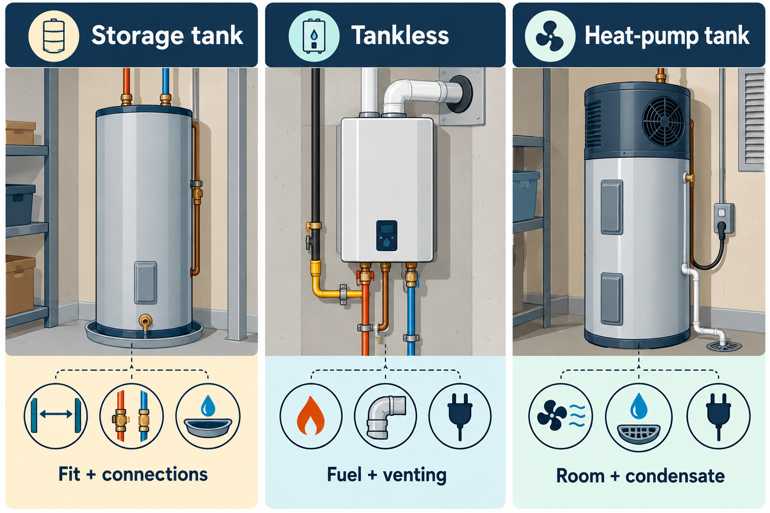 Storage, tankless, and heat-pump systems can have different fit, connection, venting, room, and condensate considerations.