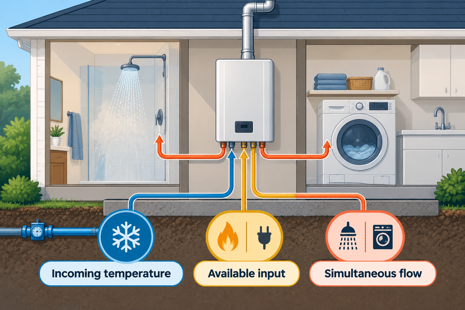 Tankless sizing considers simultaneous flow, incoming water temperature, and available gas or electrical input.