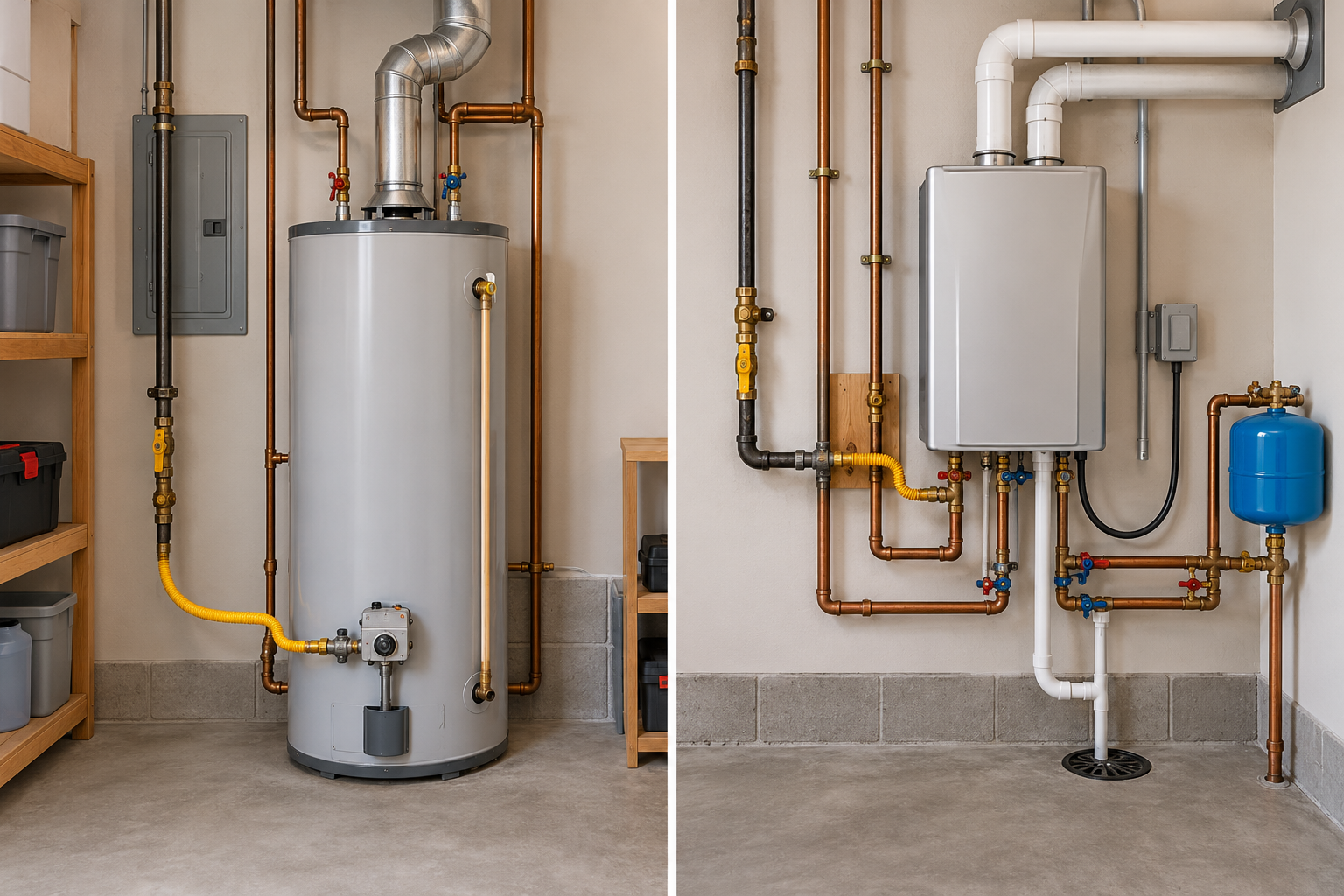 A storage tank and wall-mounted tankless heater show different venting, fuel, electrical, and condensate connections.