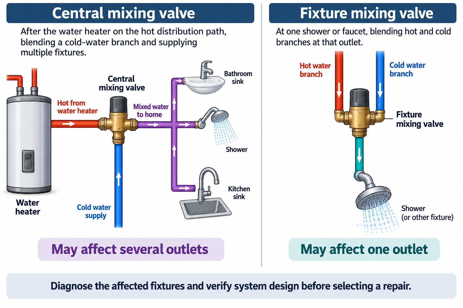 A central mixing valve can affect several outlets, while a fixture valve serves one outlet; diagnose the affected fixtures and verify the system design.