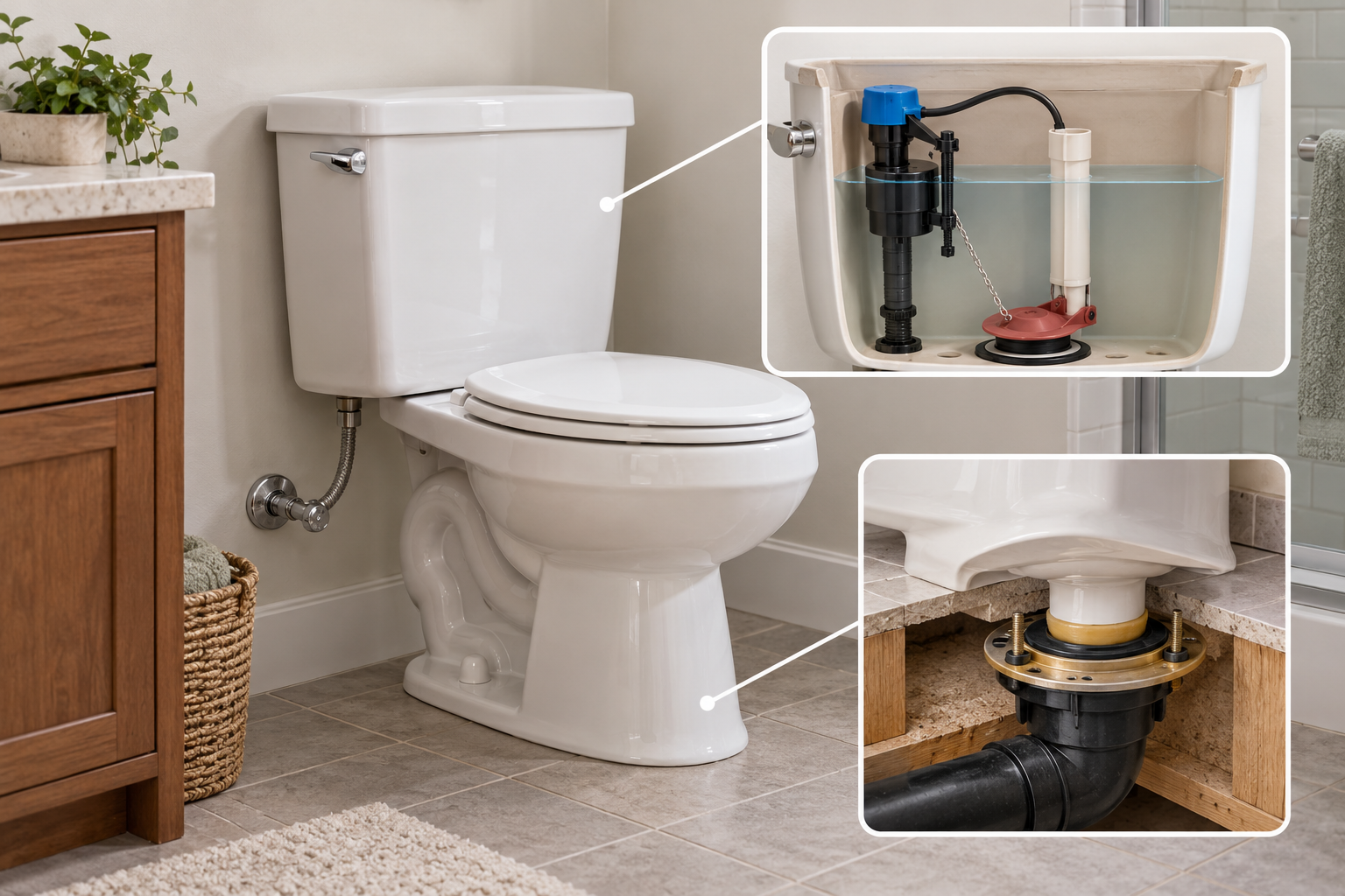 A toilet cutaway highlights repairable tank components and the separate floor flange and drain connection.