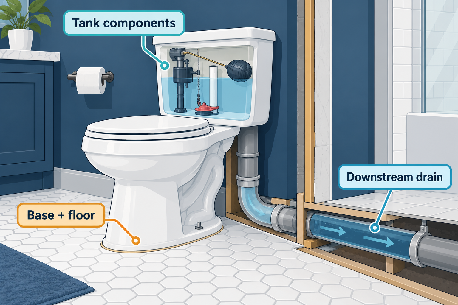 Toilet symptoms can involve tank components, the base and floor, or the downstream drain.