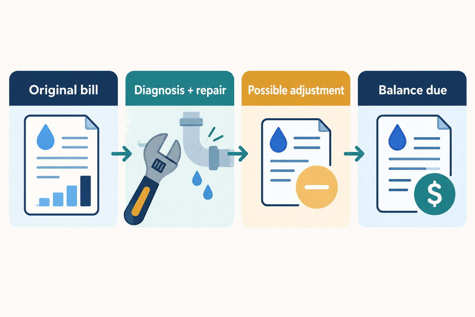 Four separate amounts to track: the original bill, diagnosis and repair, any possible adjustment, and the balance due.