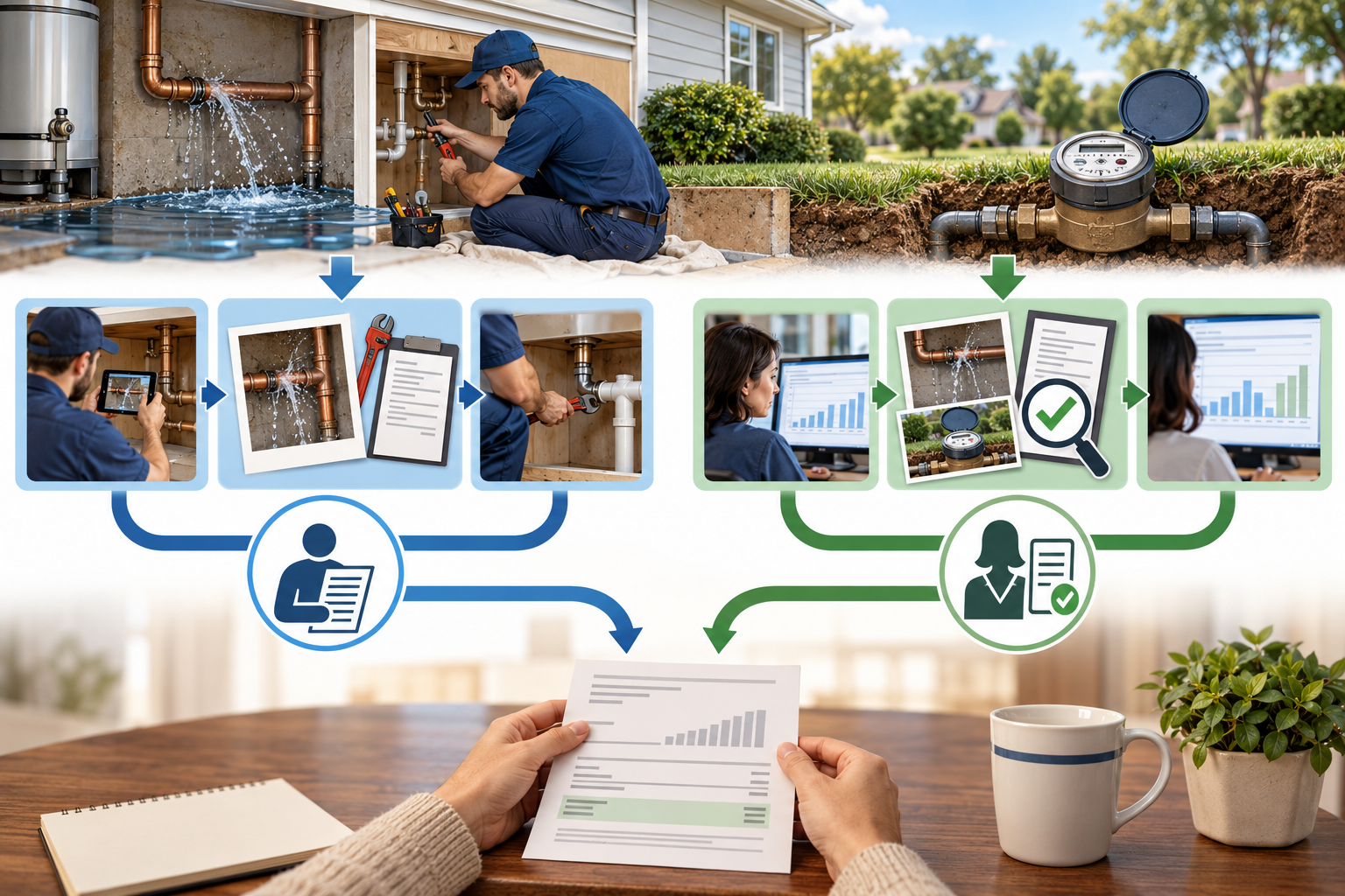 The plumber documents and repairs a leak while the utility separately reviews the account and decides whether to adjust the bill.