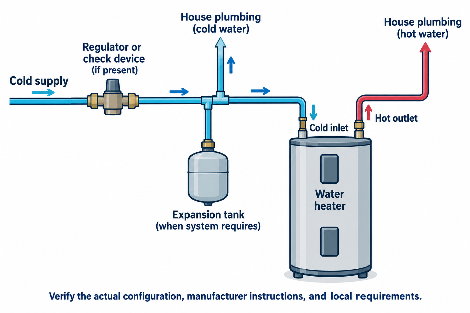 A typical system context shows the expansion tank connected to the heater cold-water supply when the verified system requires it; confirm local requirements and manufacturer instructions.