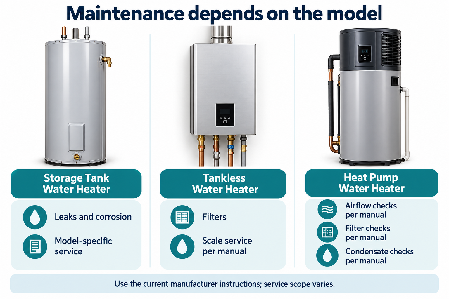 Maintenance checks differ across storage-tank, tankless, and heat-pump water heaters; follow the current instructions for the specific model.